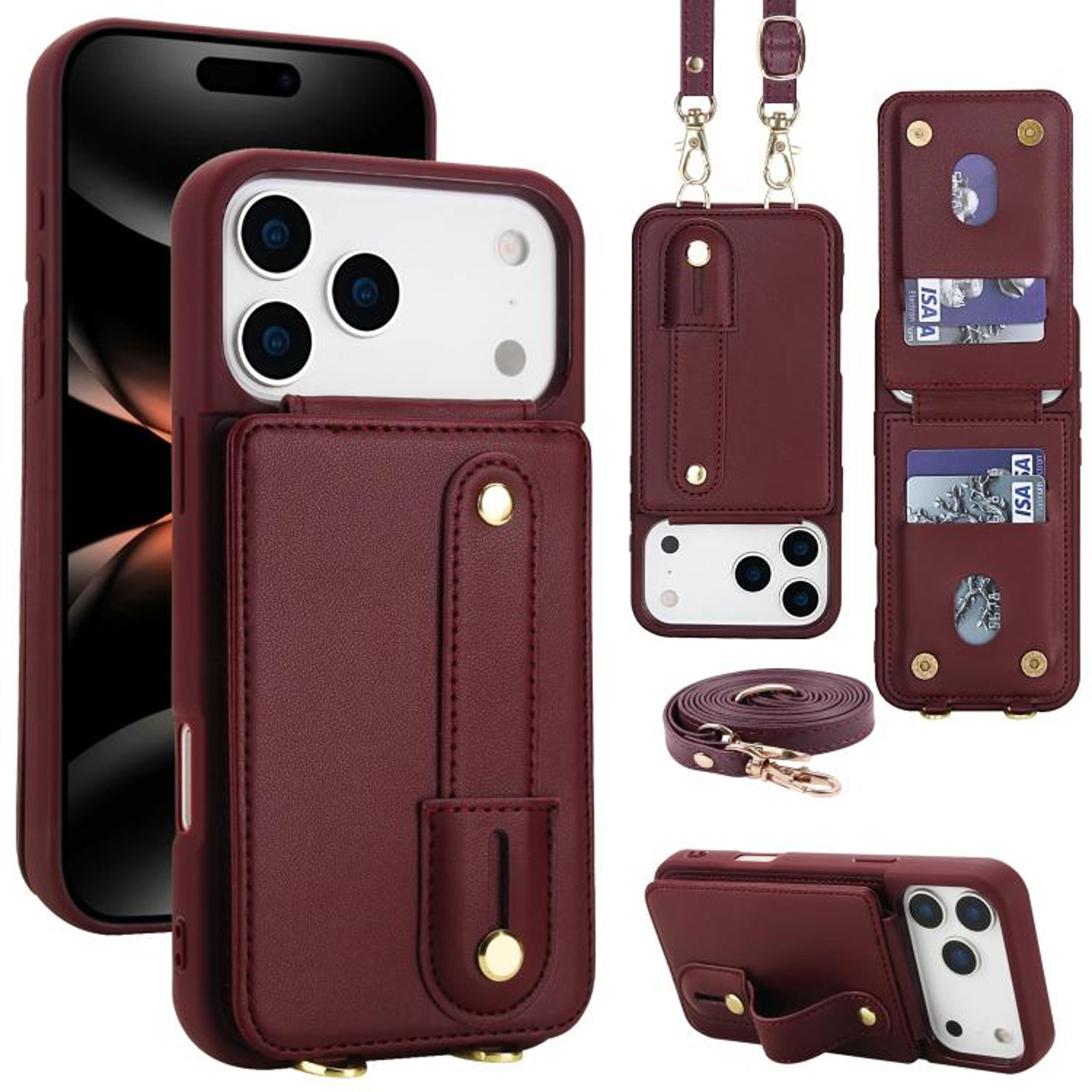 IPhone 18 Pro Flip Wallet Case With Wristband Stand And Crossbody Lanyard 8