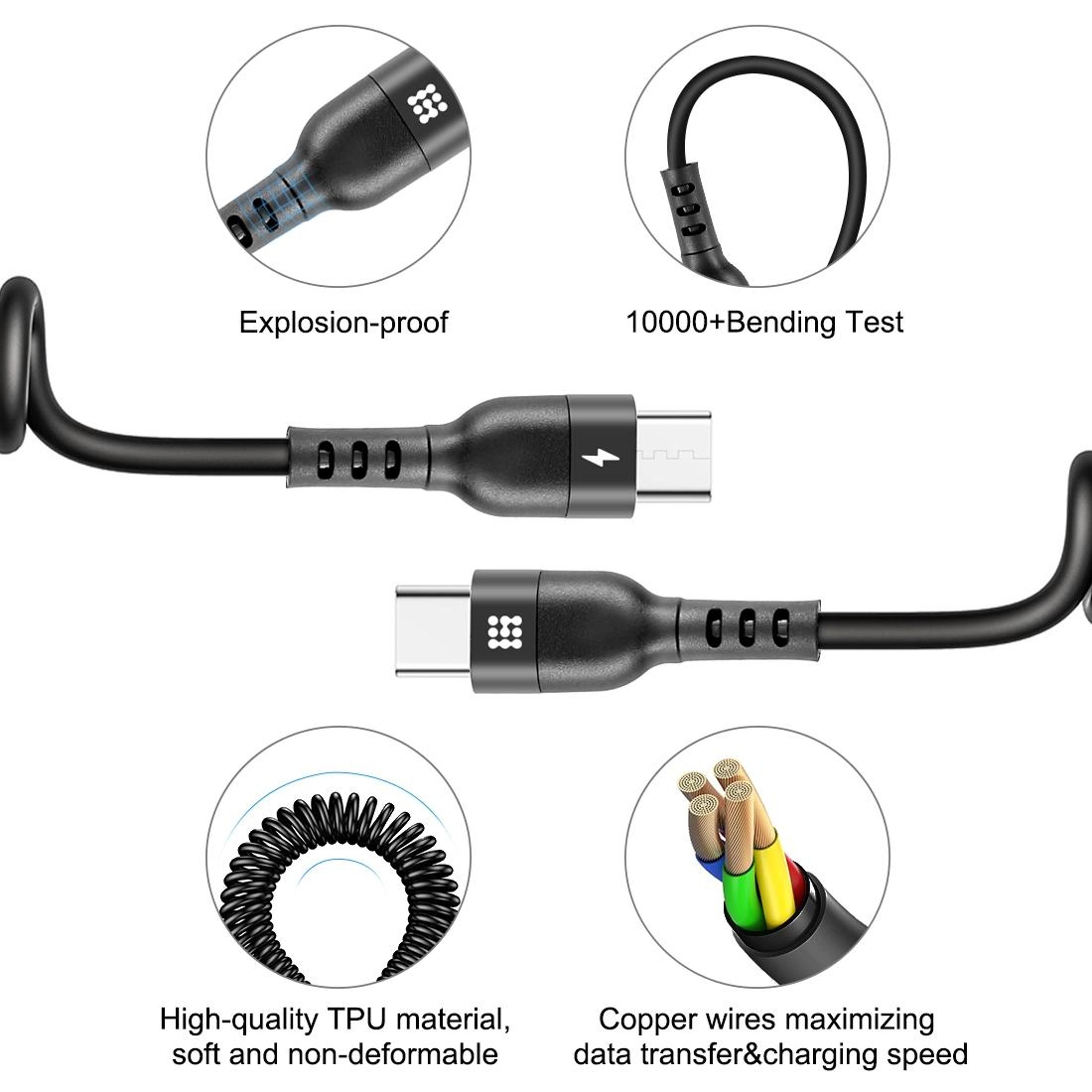 HAWEEL Retractable Coiled USBC To USBC PD Fast Charging Cable 3