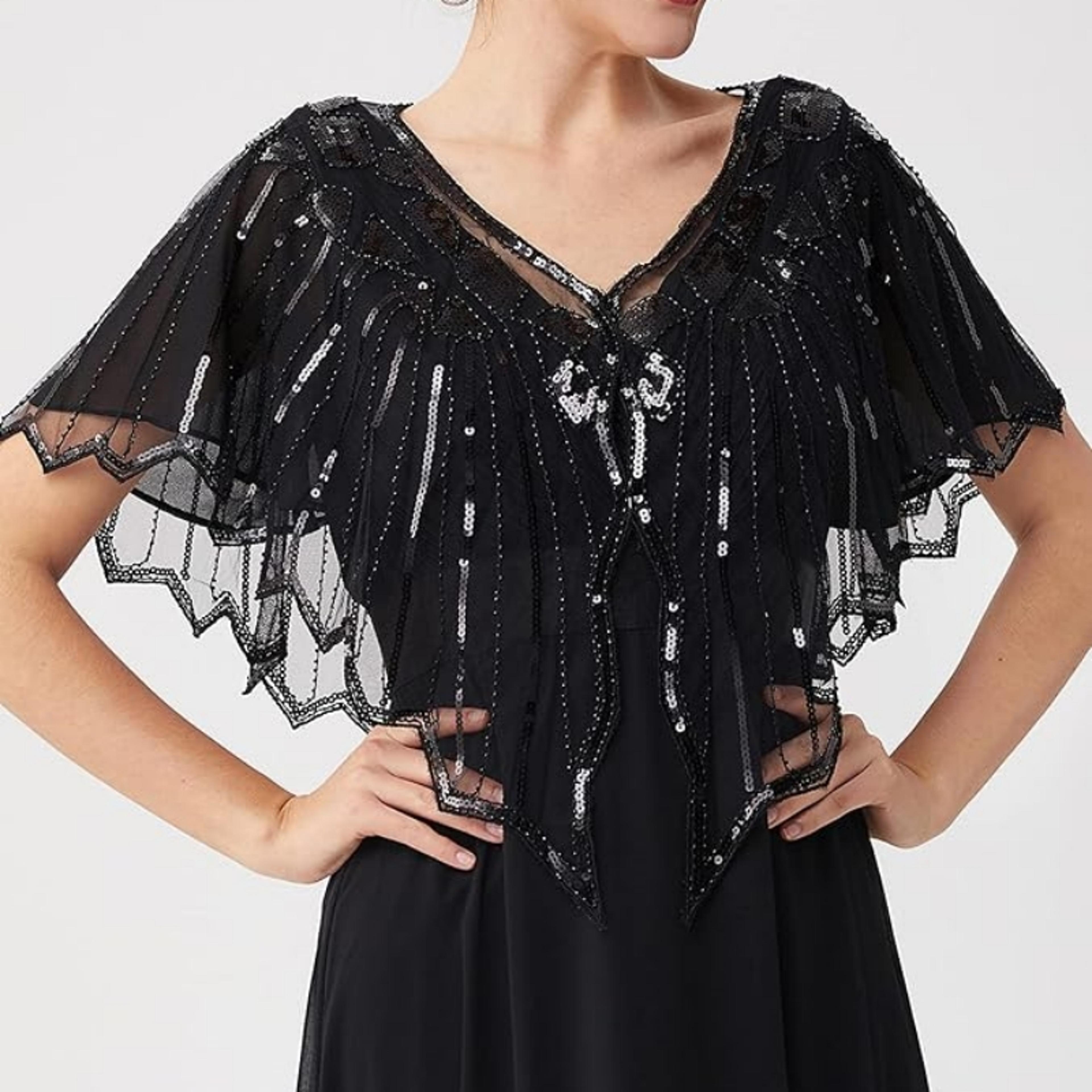 Retro Beaded Sequin Flapper Shawl Loose Decoration Outerwear Short Cape Evening Party Ladies Cloak  17