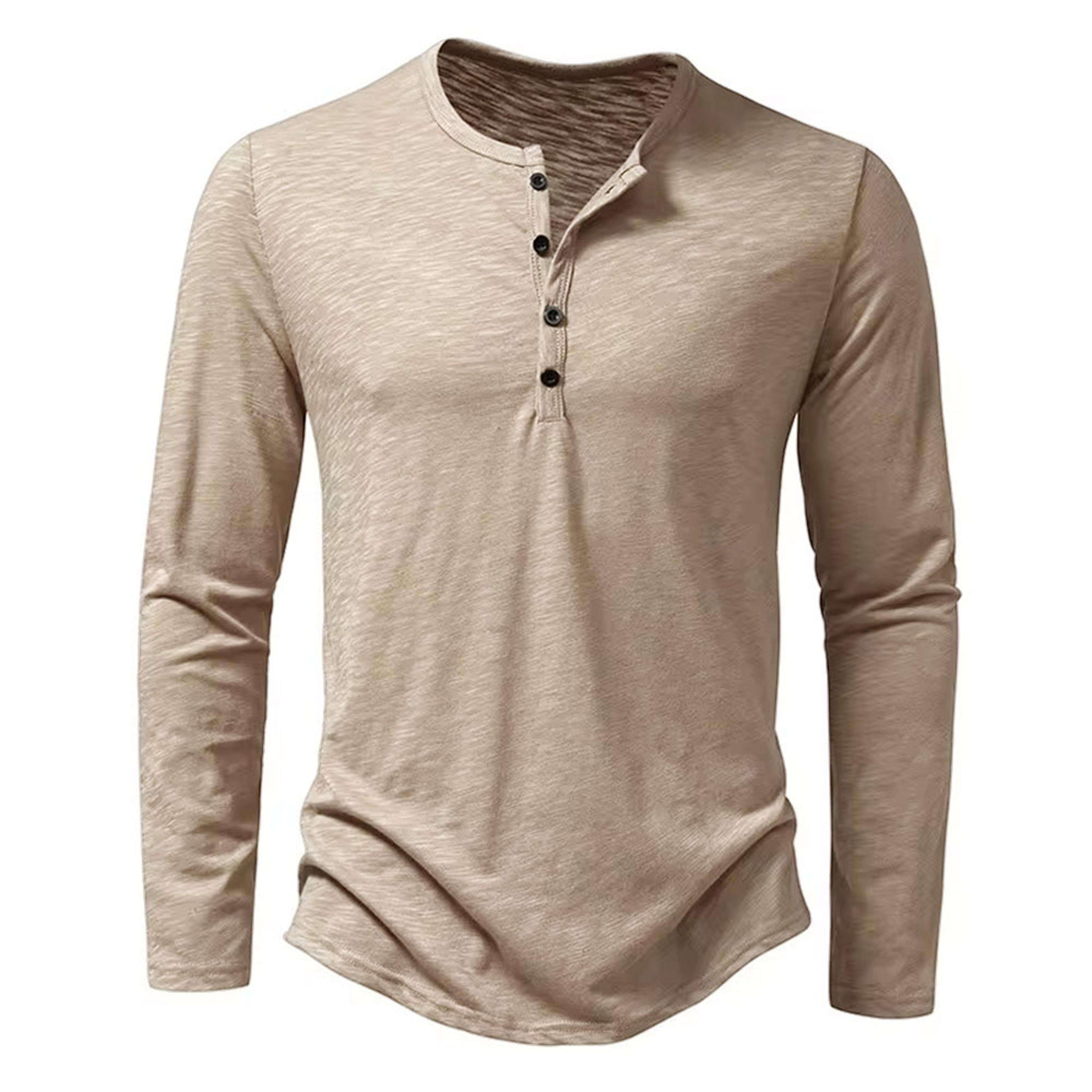 Mens Autumn Cotton Button Long Sleeve Henley Neck TShirt Casual Solid Color Breathable Slim Fashion 1