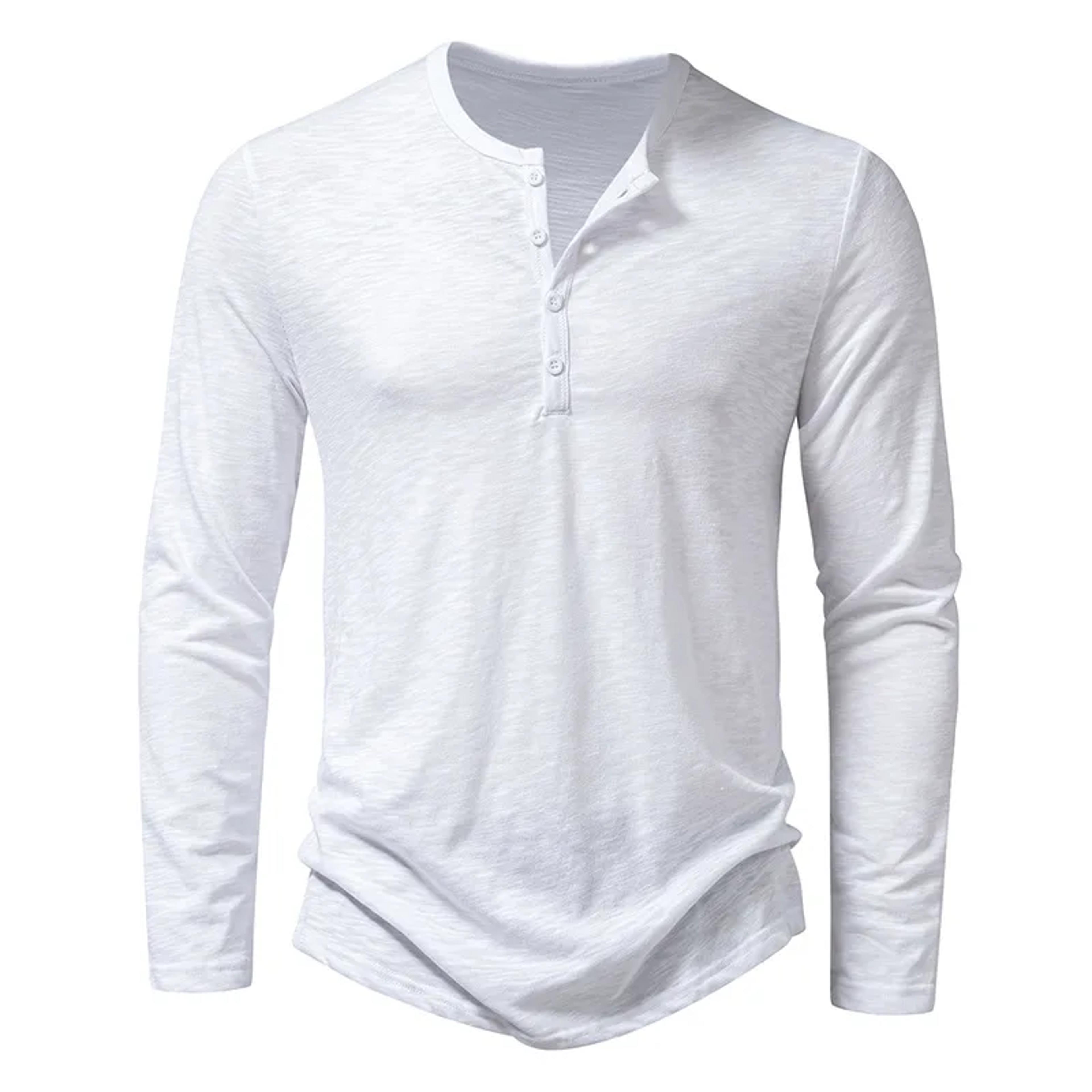Mens Autumn Cotton Button Long Sleeve Henley Neck TShirt Casual Solid Color Breathable Slim Fashion 8