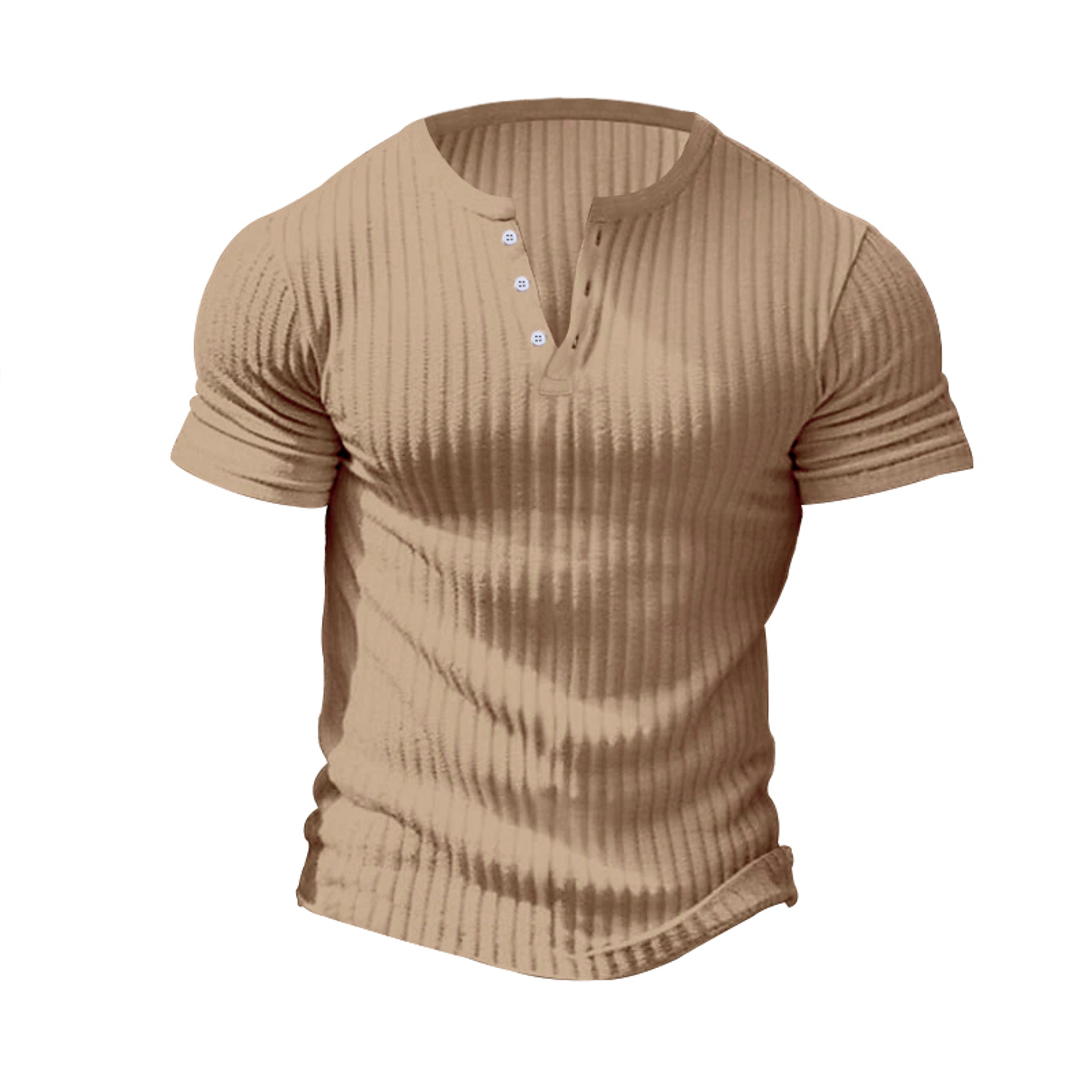 Stripe Knit Mens Stylish Tshirt Henley Neck Fashion Short Sleeve Soft Breathable Casual Top Comfort 5