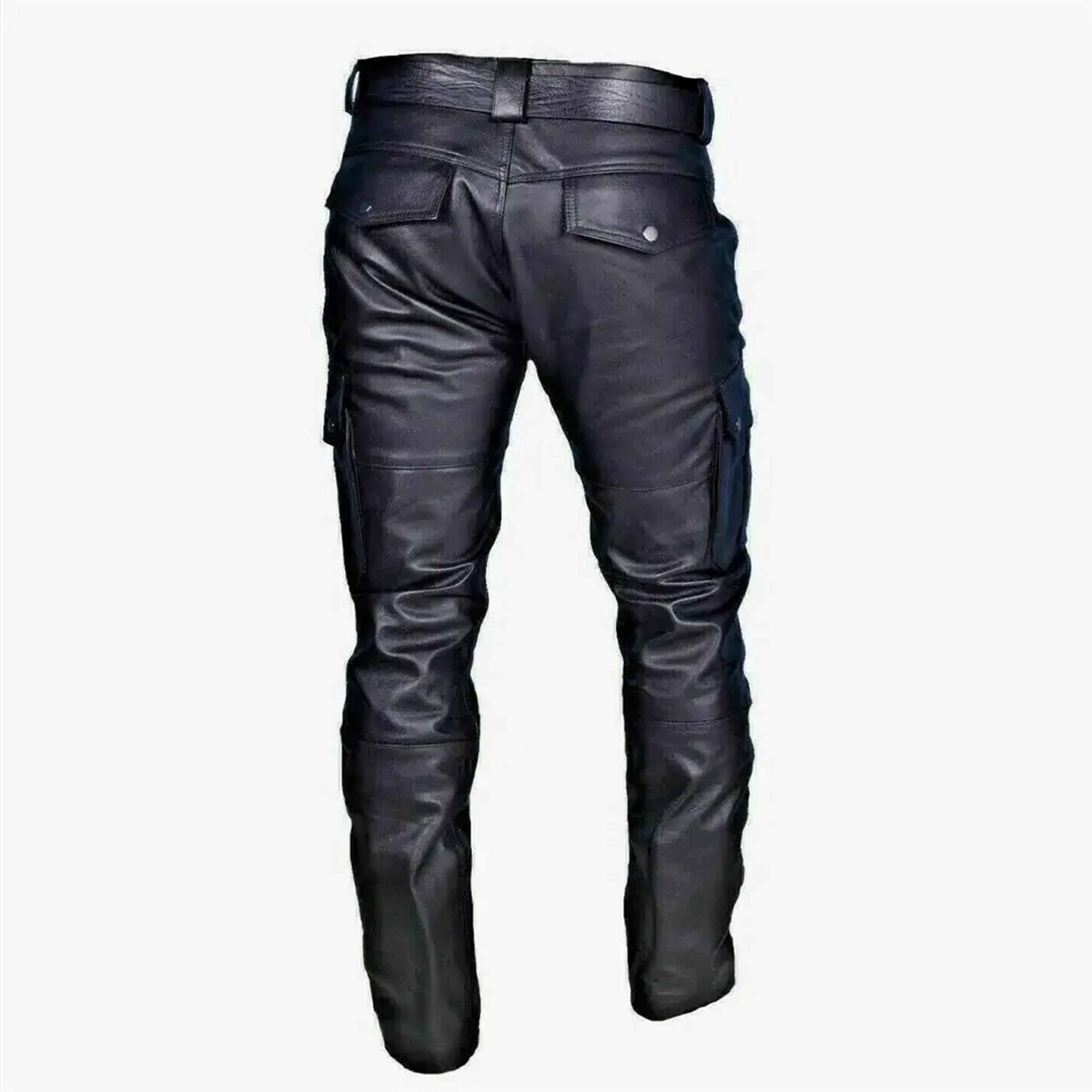 Black PU Mens Leather Motorcycle Pants With Cargo Pockets Stylish No Belt Men Trousers For Riders S 1
