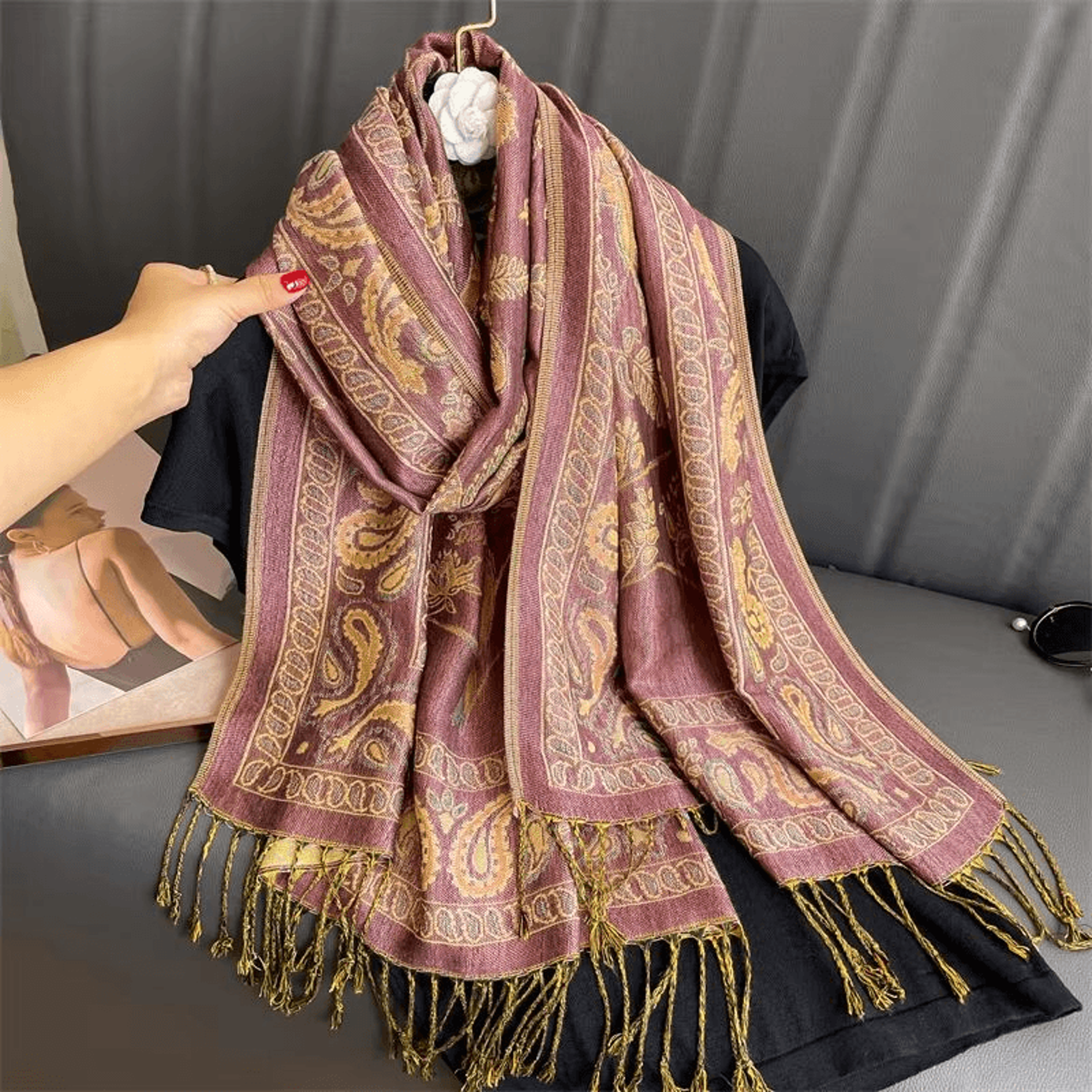 Elegant layering scarf over formal dress