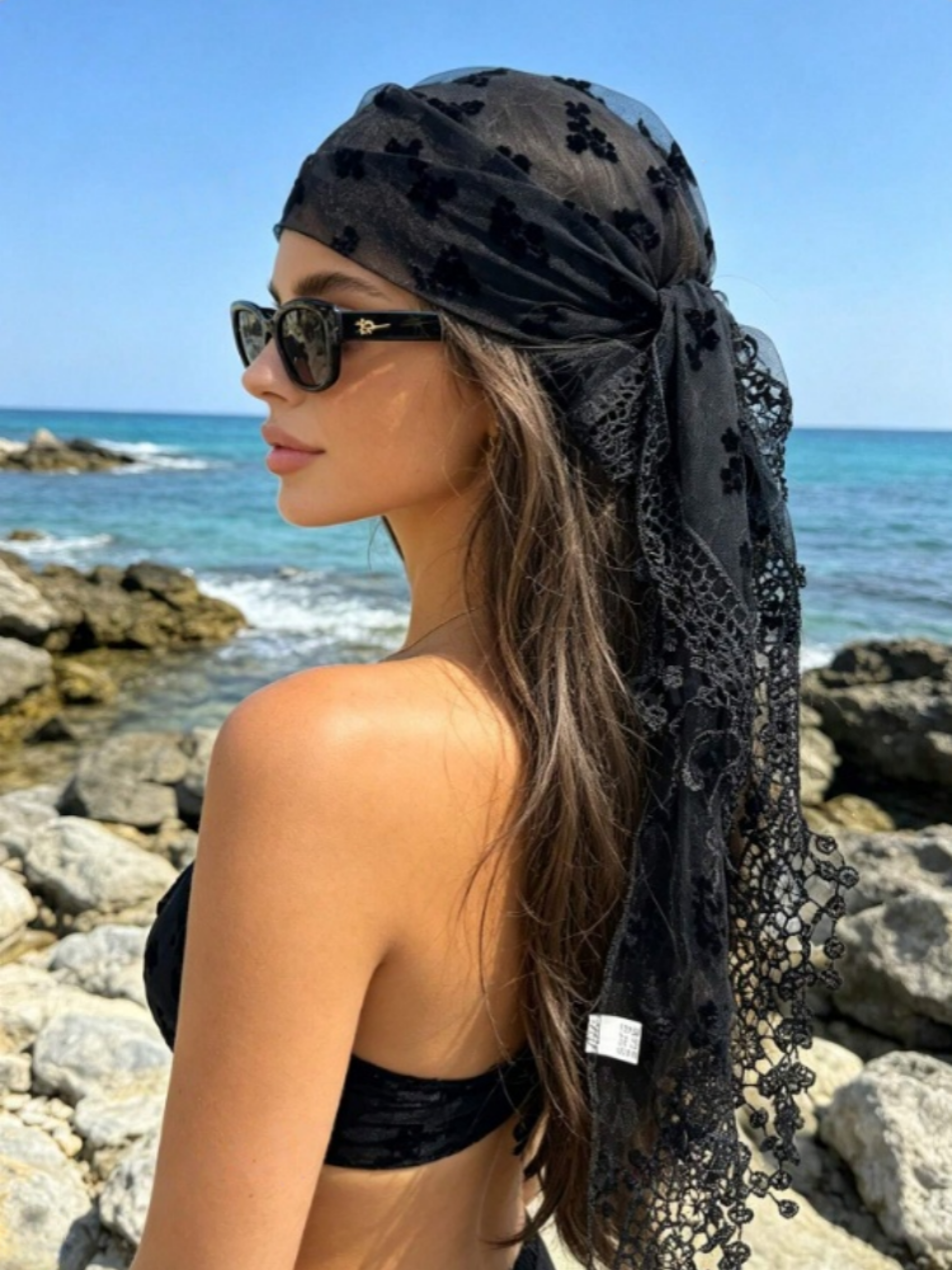 Bohemian Lace Triangle Headscarf Vintage French Mesh Hair Accessory 1