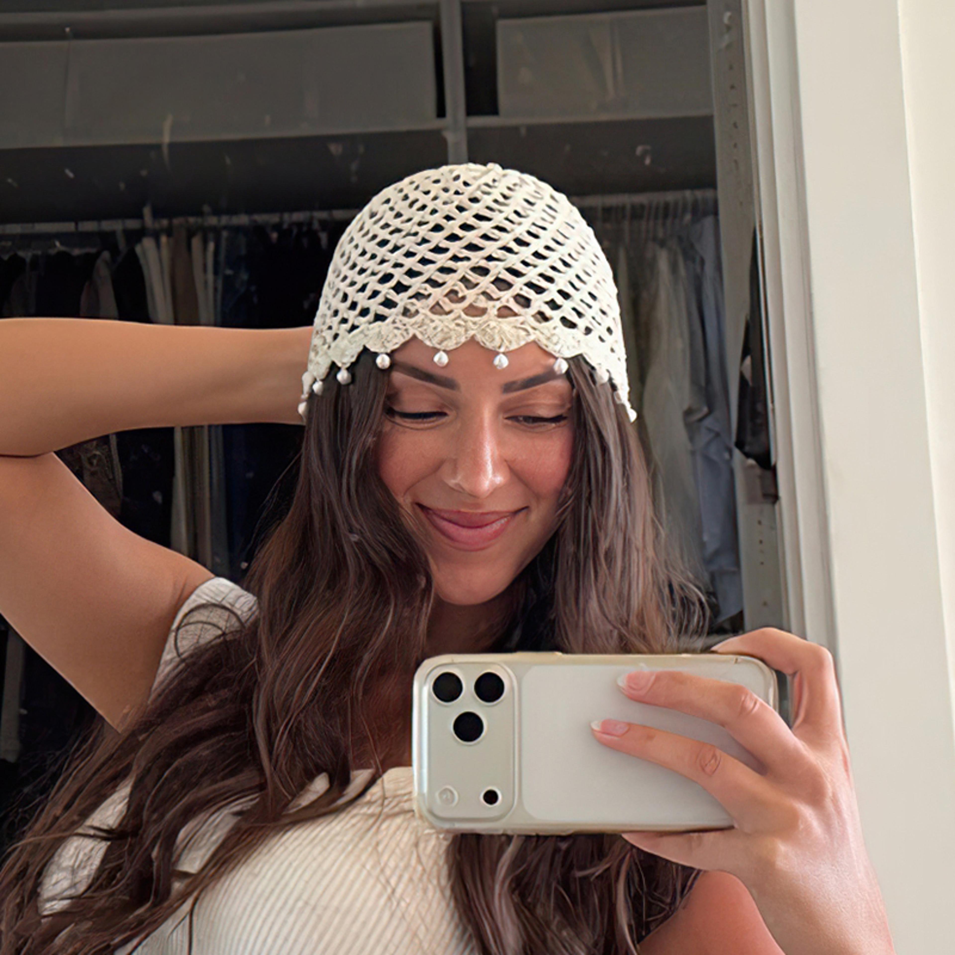 handmade pearl beanie summer crochet knit hollow skull hat