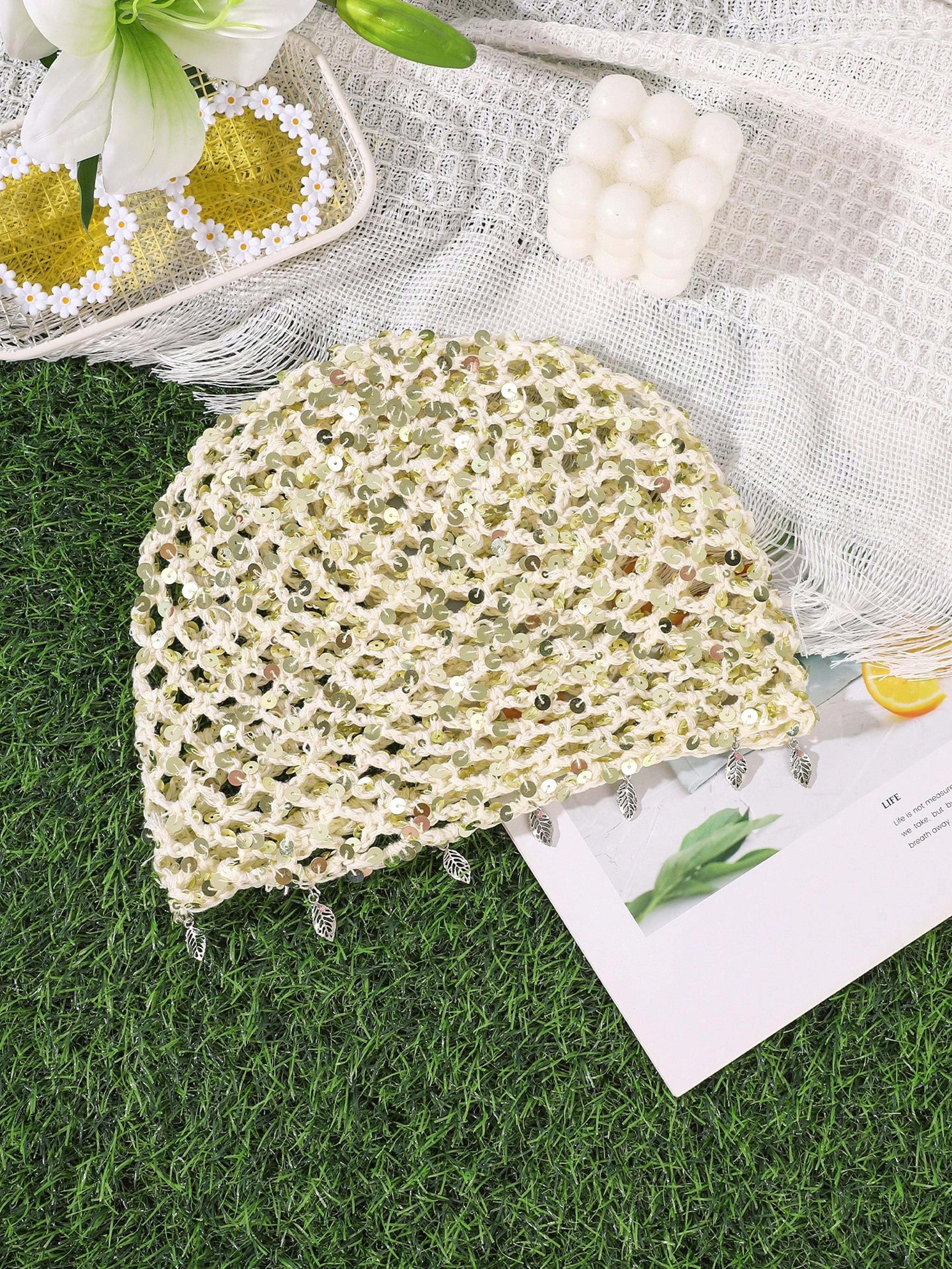 Boho Crochet Beanie With Sequins Vintage Mesh Head Wrap 3