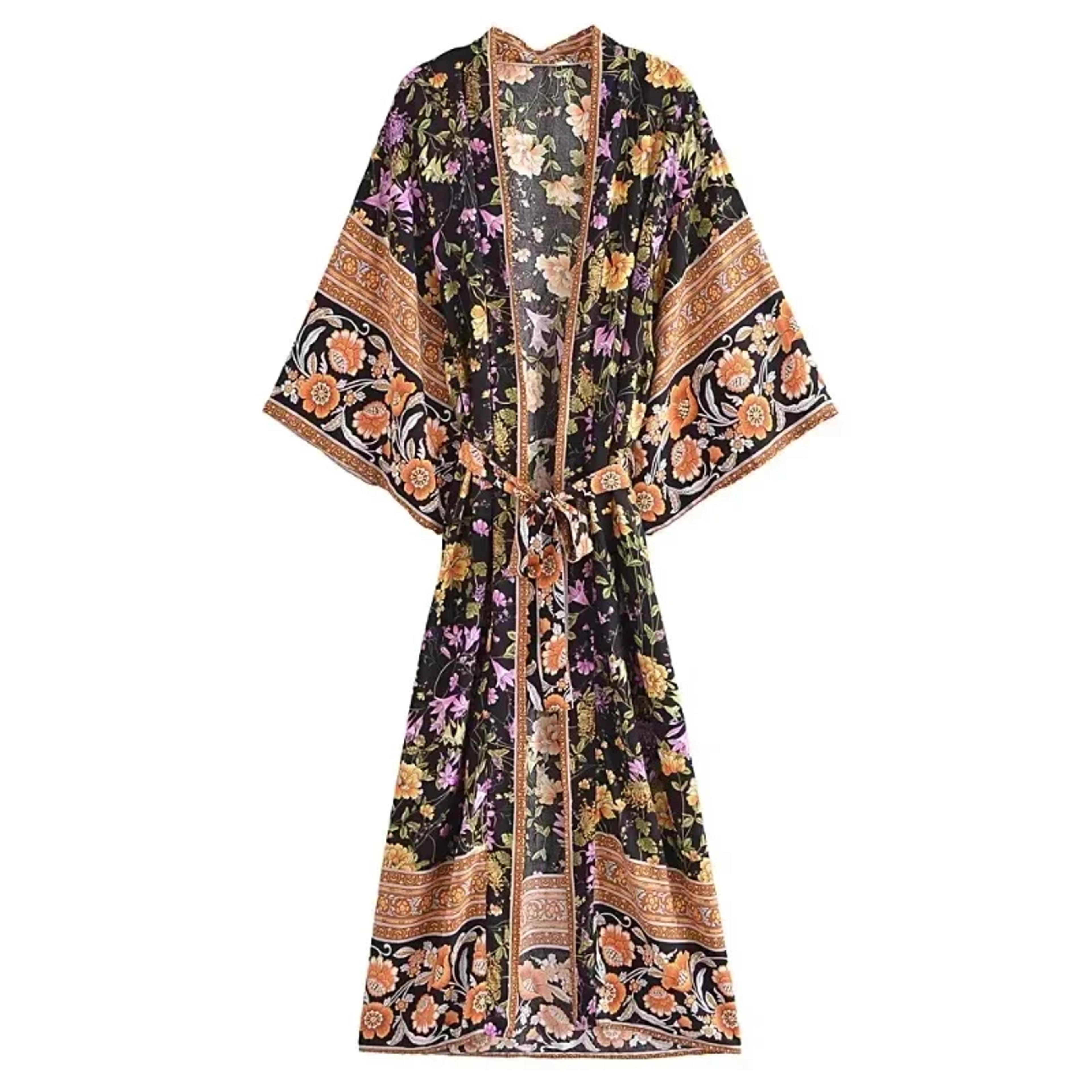 Bohemian Kimono Floral Print Sashes Rayon Maxi Robe Cover Up 5