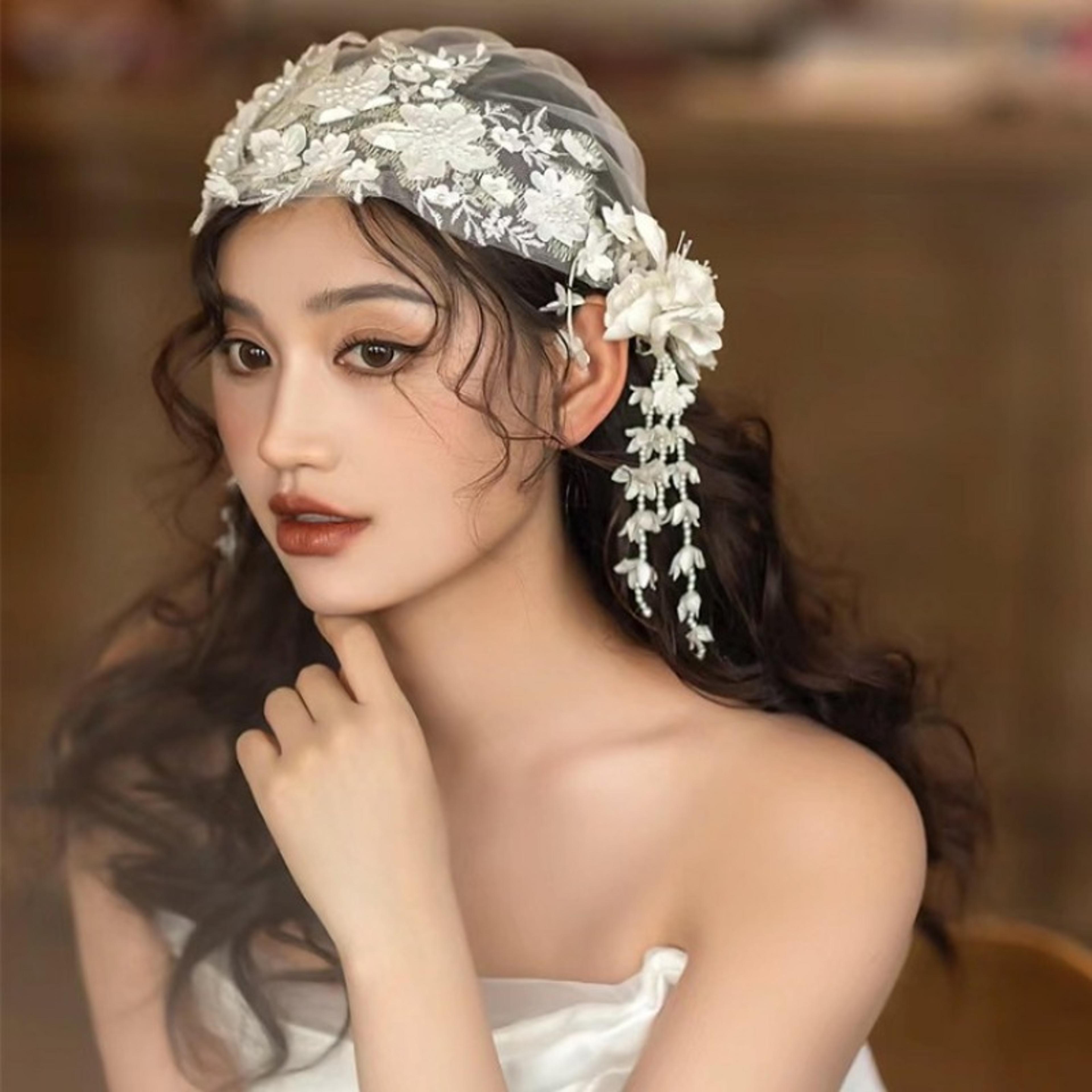 Pearl Lace Bridal Headgear With Flower And Fringe 2