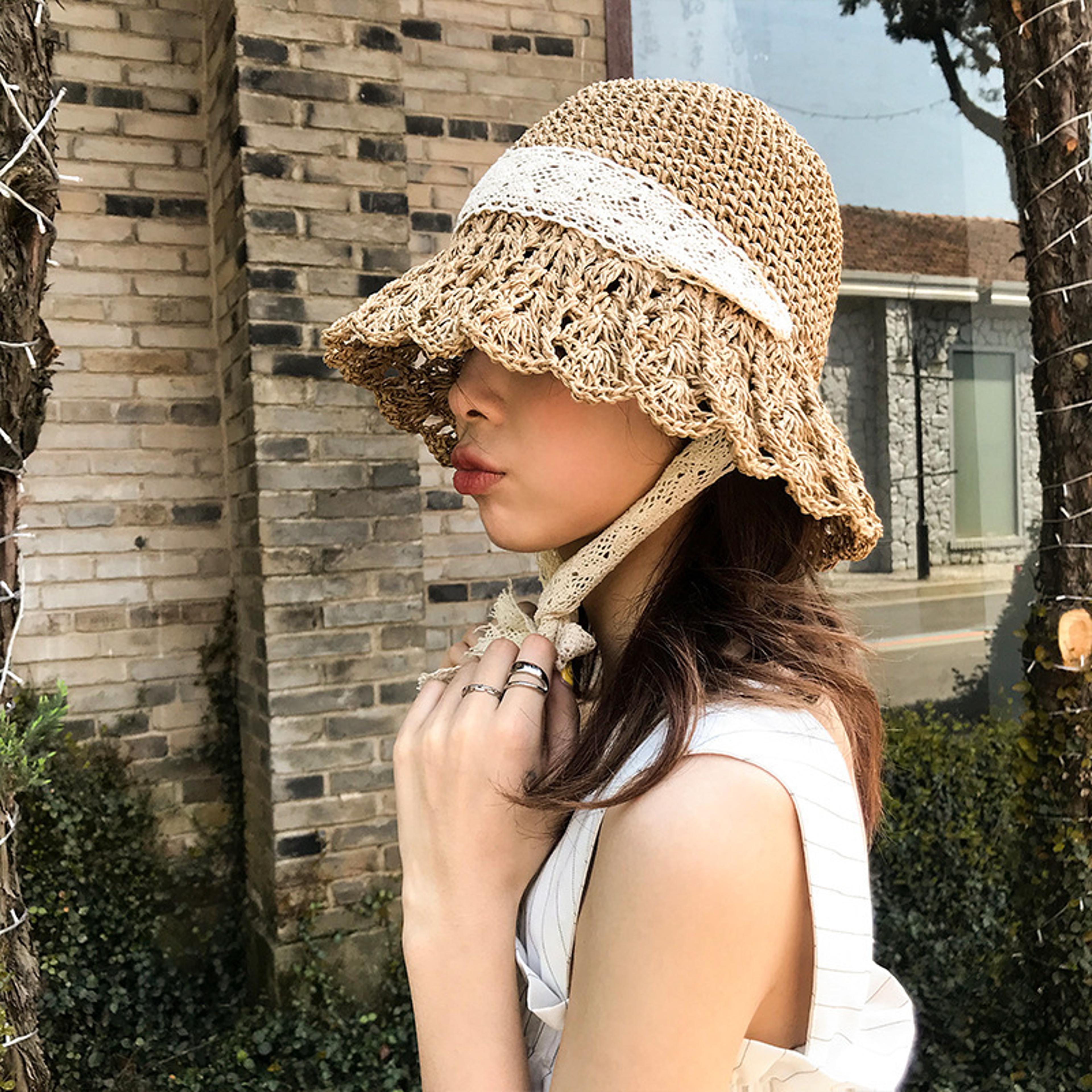 women summer crochet straw bucket hat