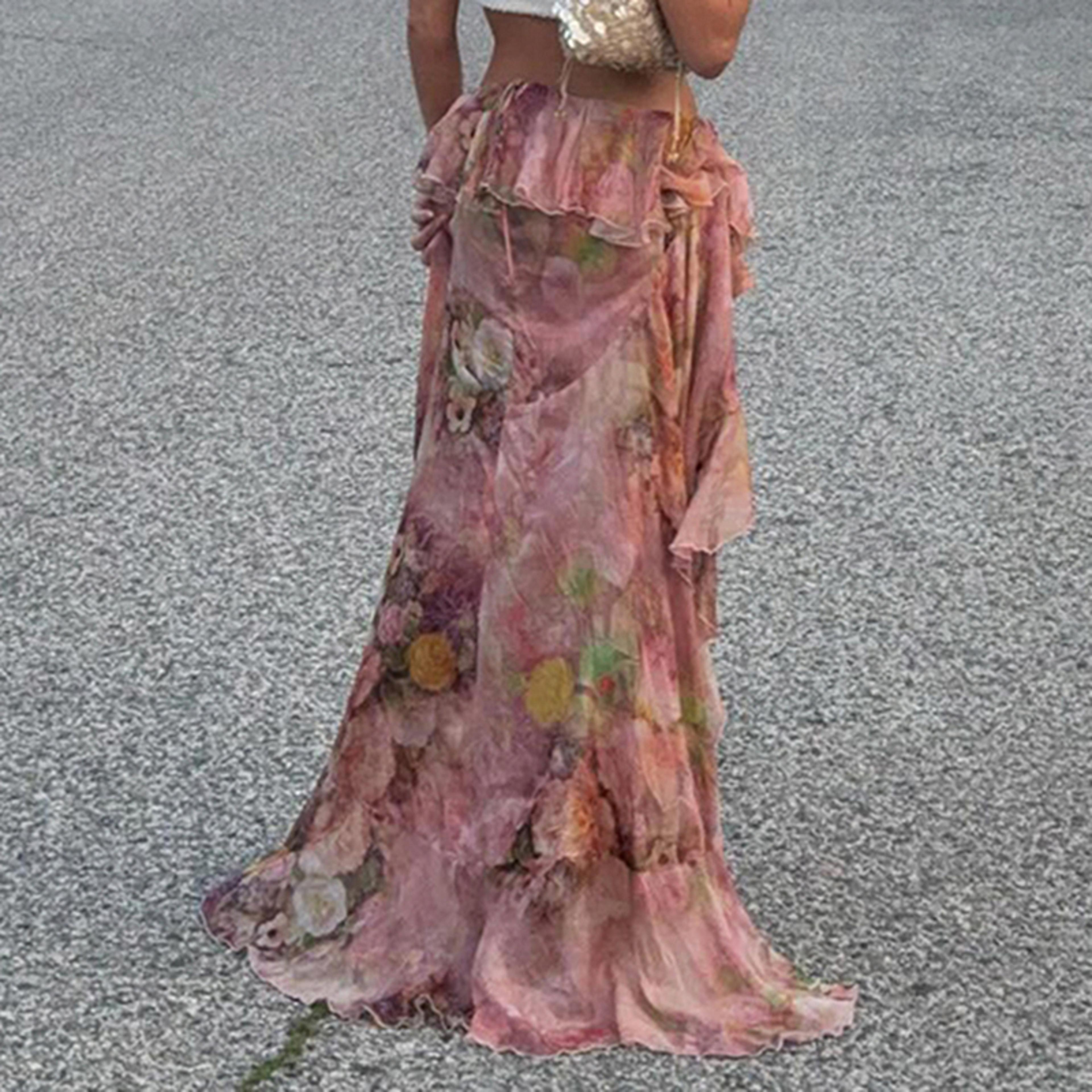 Floral Print Low Waist Long Skirt 1