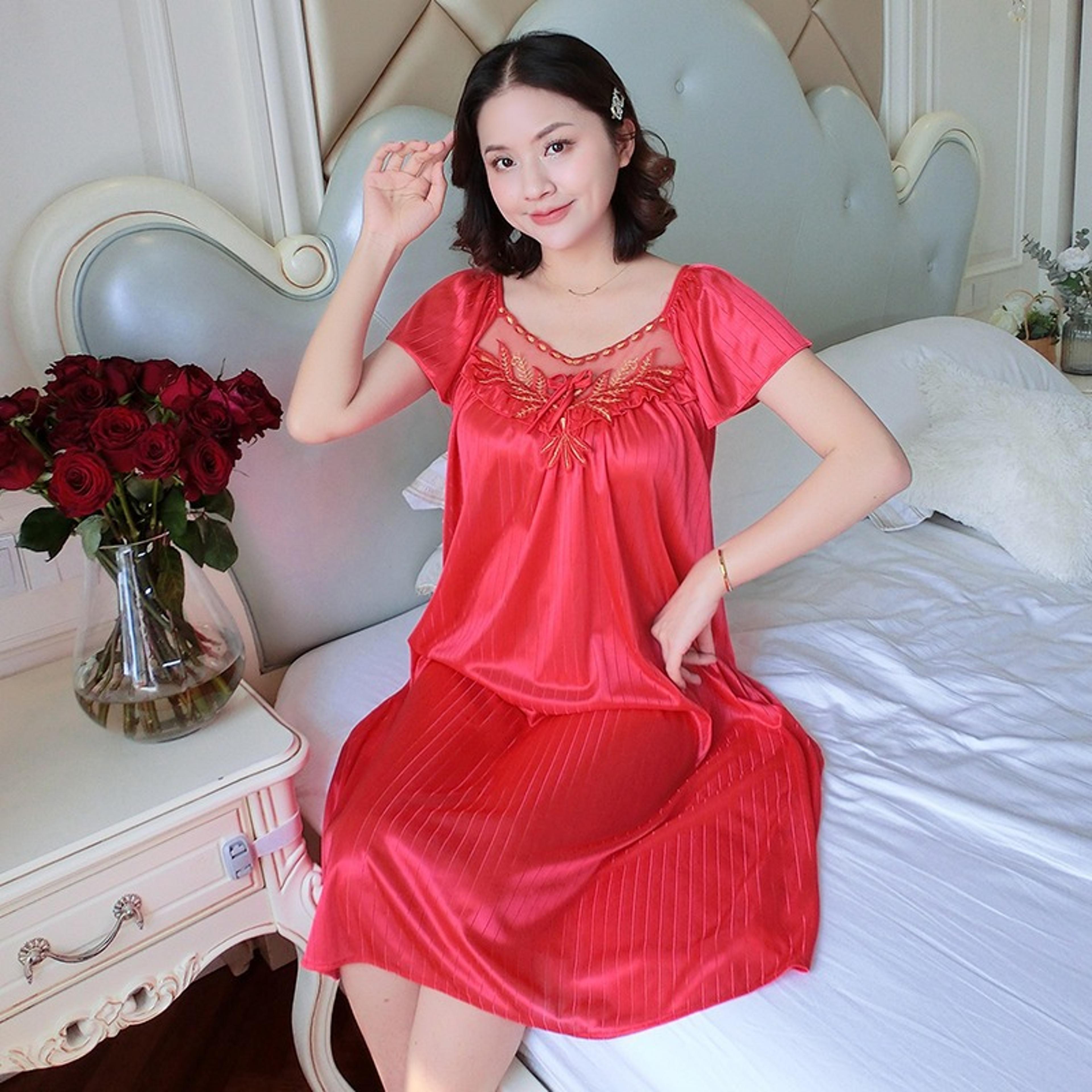 Silky Soft Ice Silk Nightgown For Women Short Sleeve Sleep Dress 7