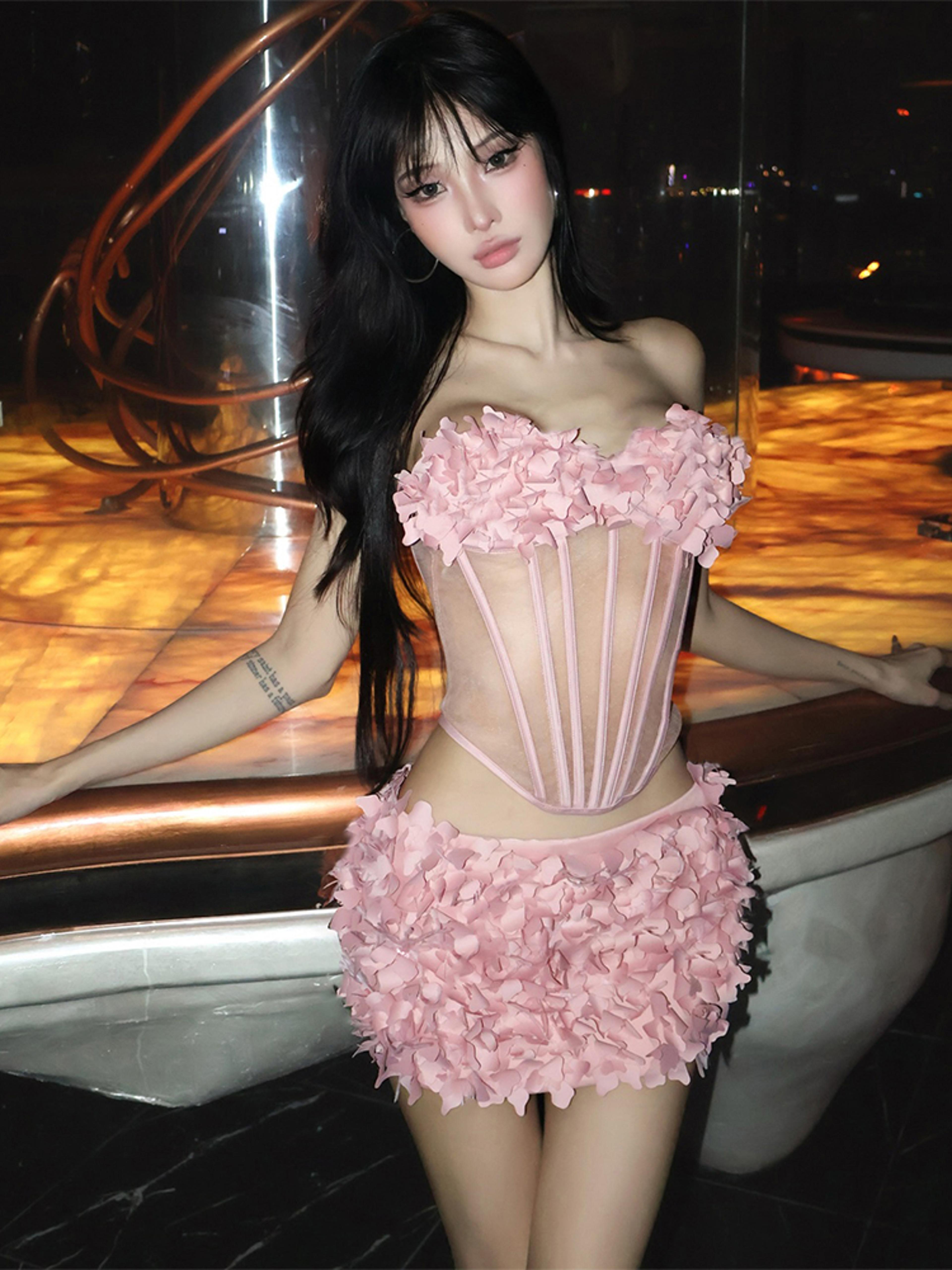 Sisterlinda Strapless Corset And Peach Hip Skirt Clubwear Set 1