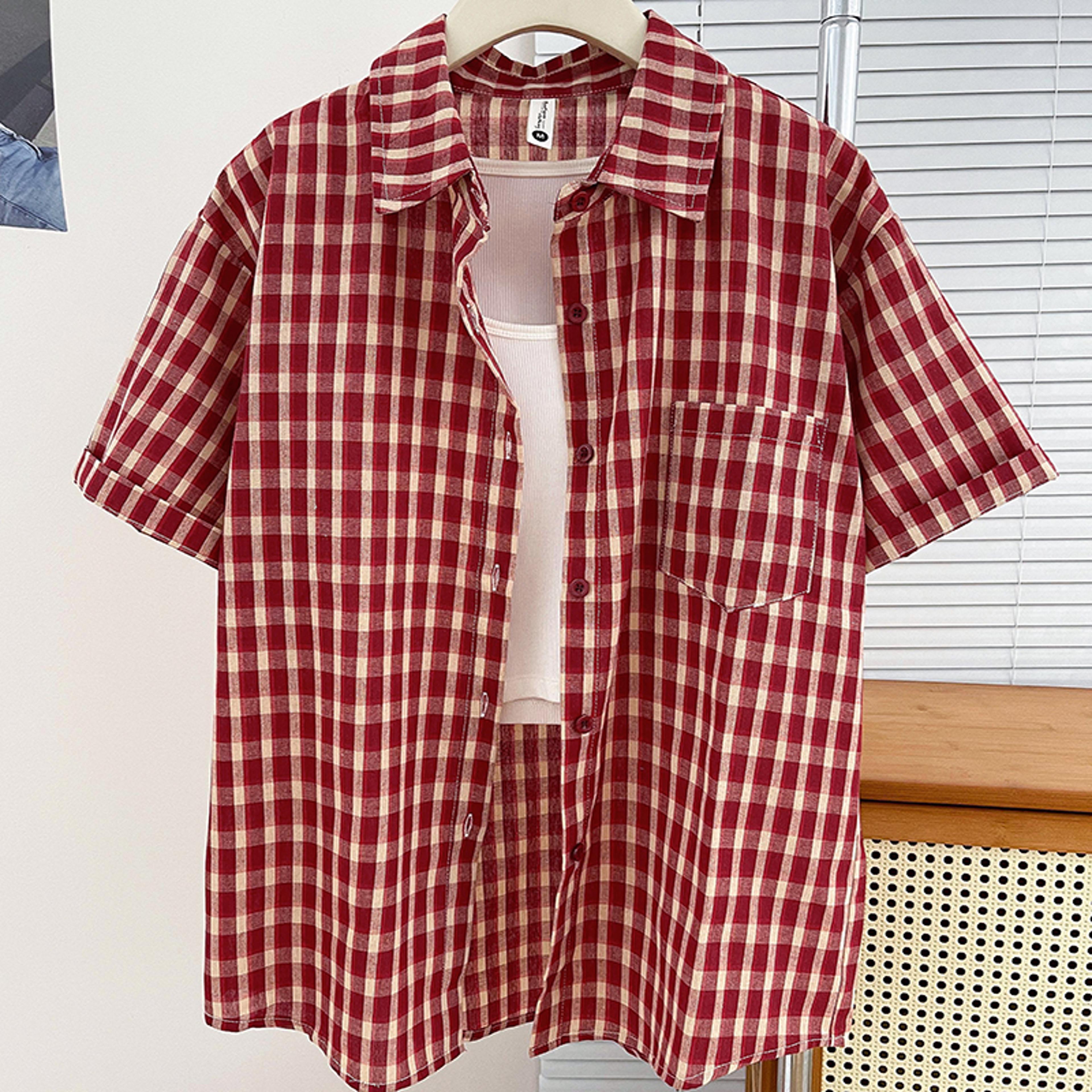 Vintage Plaid Short Sleeve Shirt For Women 2