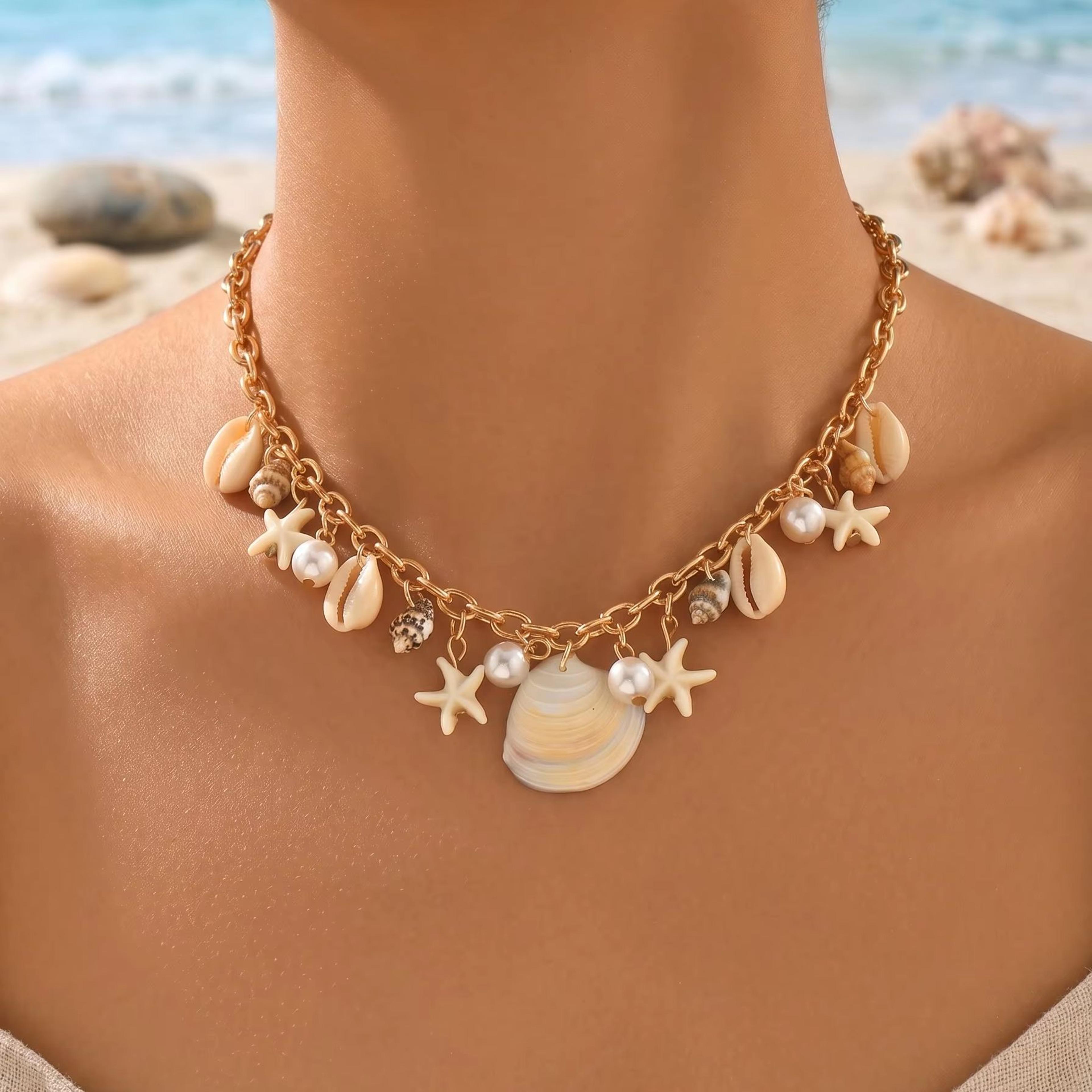 boho gold shell choker necklace for beach vacation