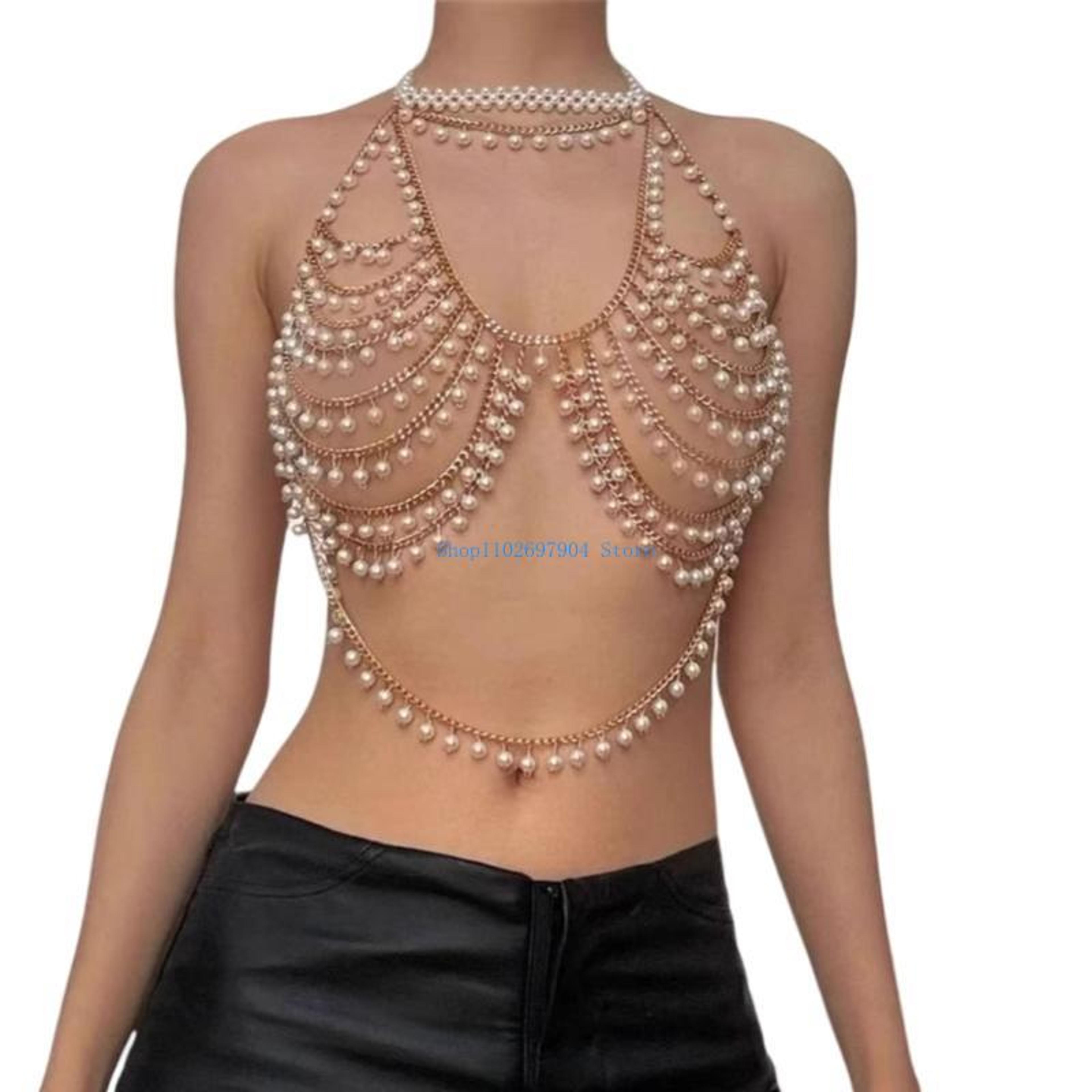 pearl beaded halter crop top statement festival body jewelry top