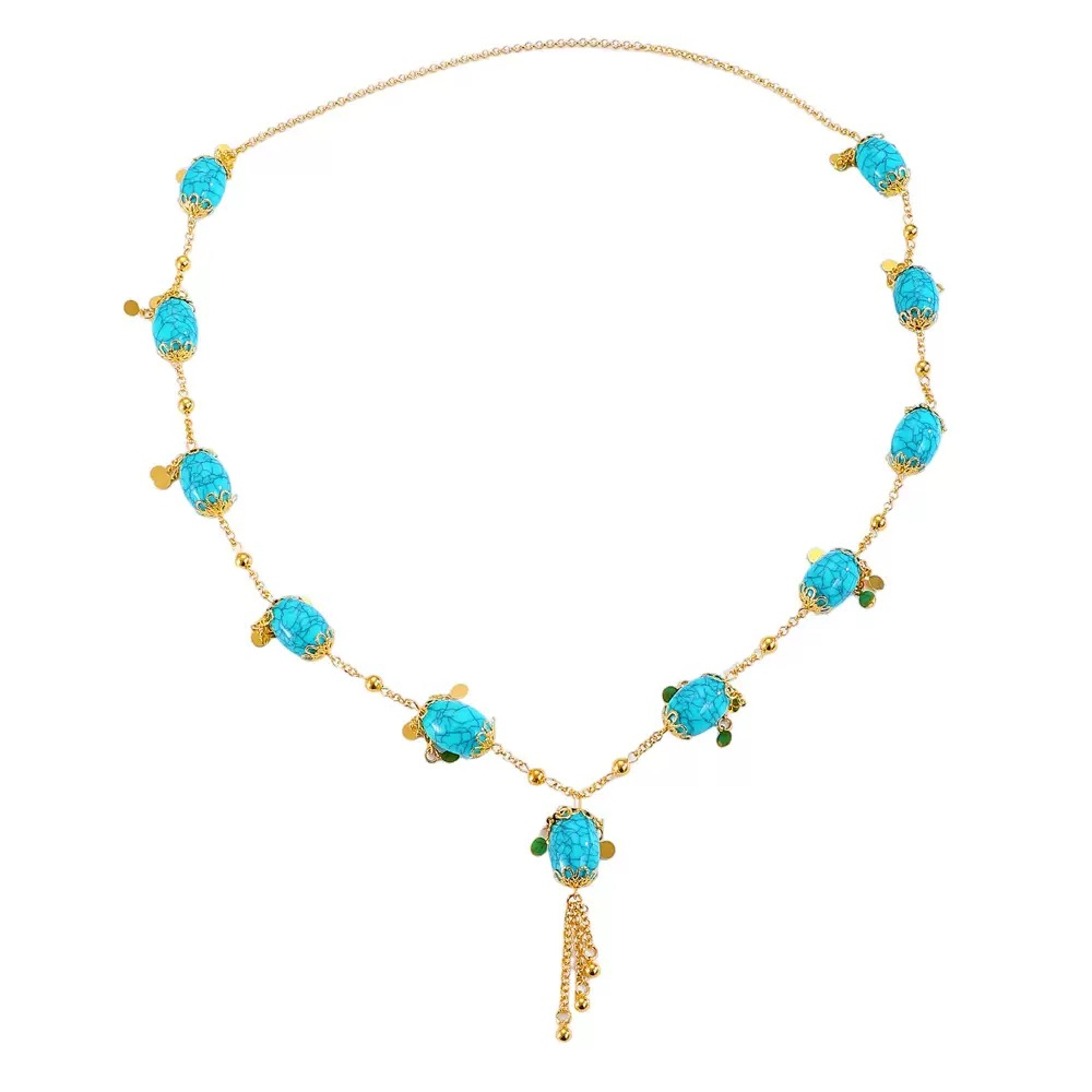 Vintage Blue Round Pendant Sweater Chain 3