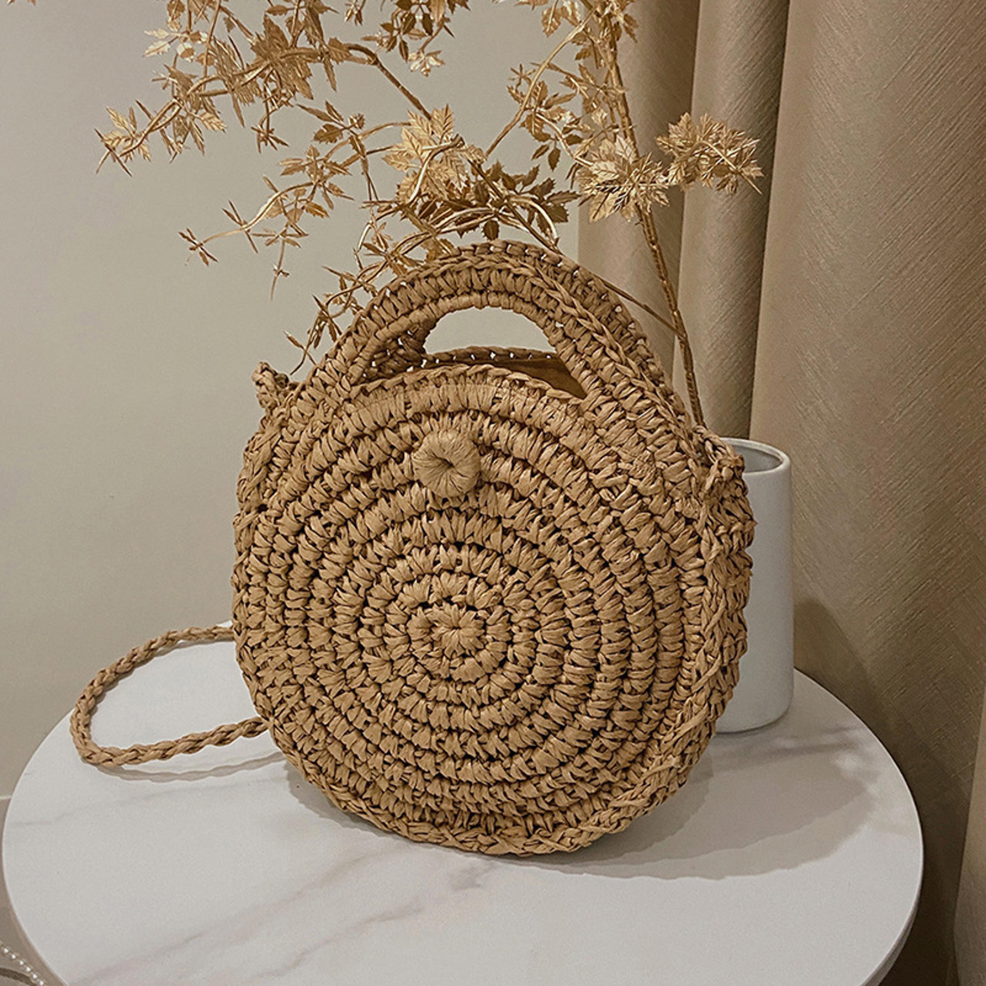 handmade round straw crossbody bag for women summer beach purse