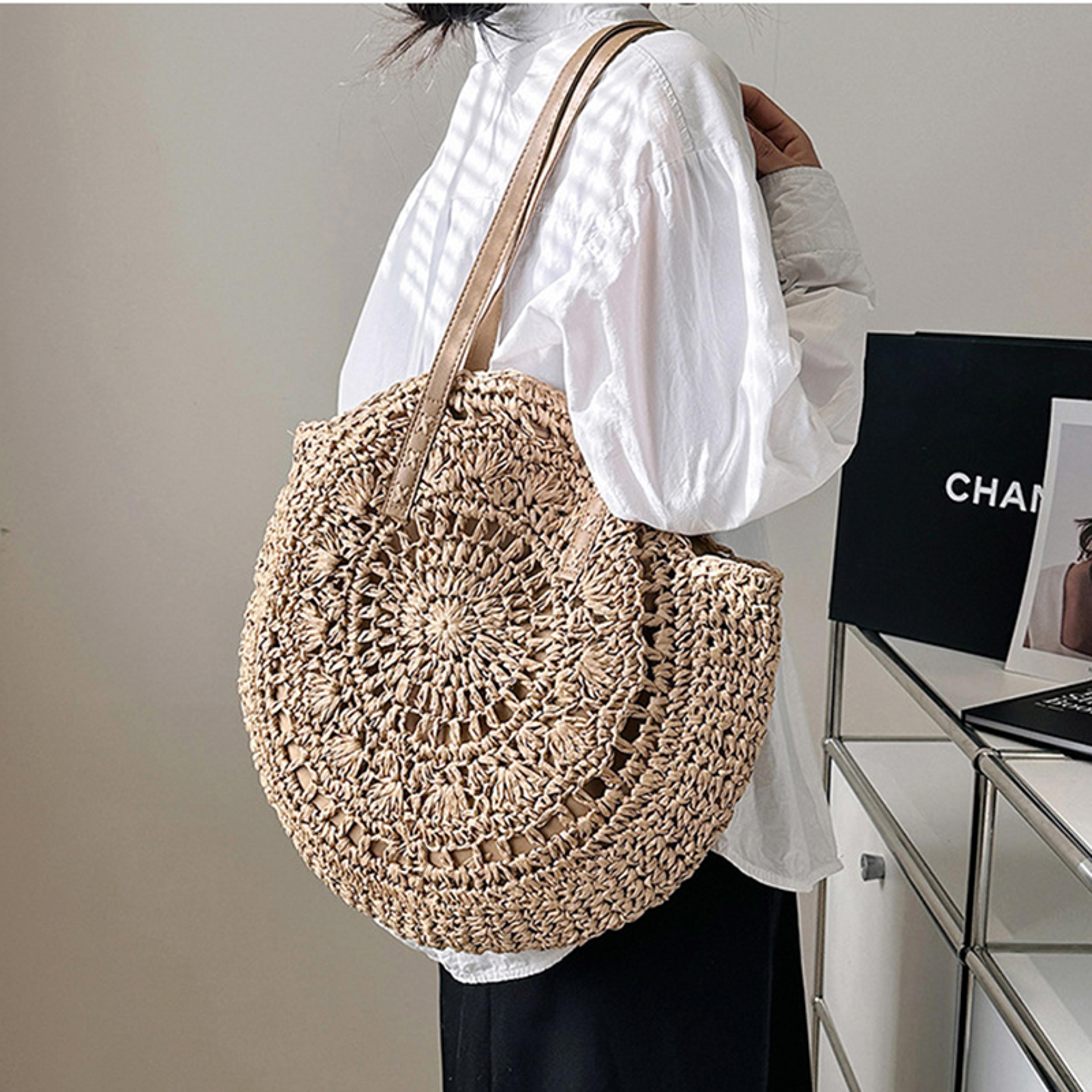 handmade woven straw beach bag