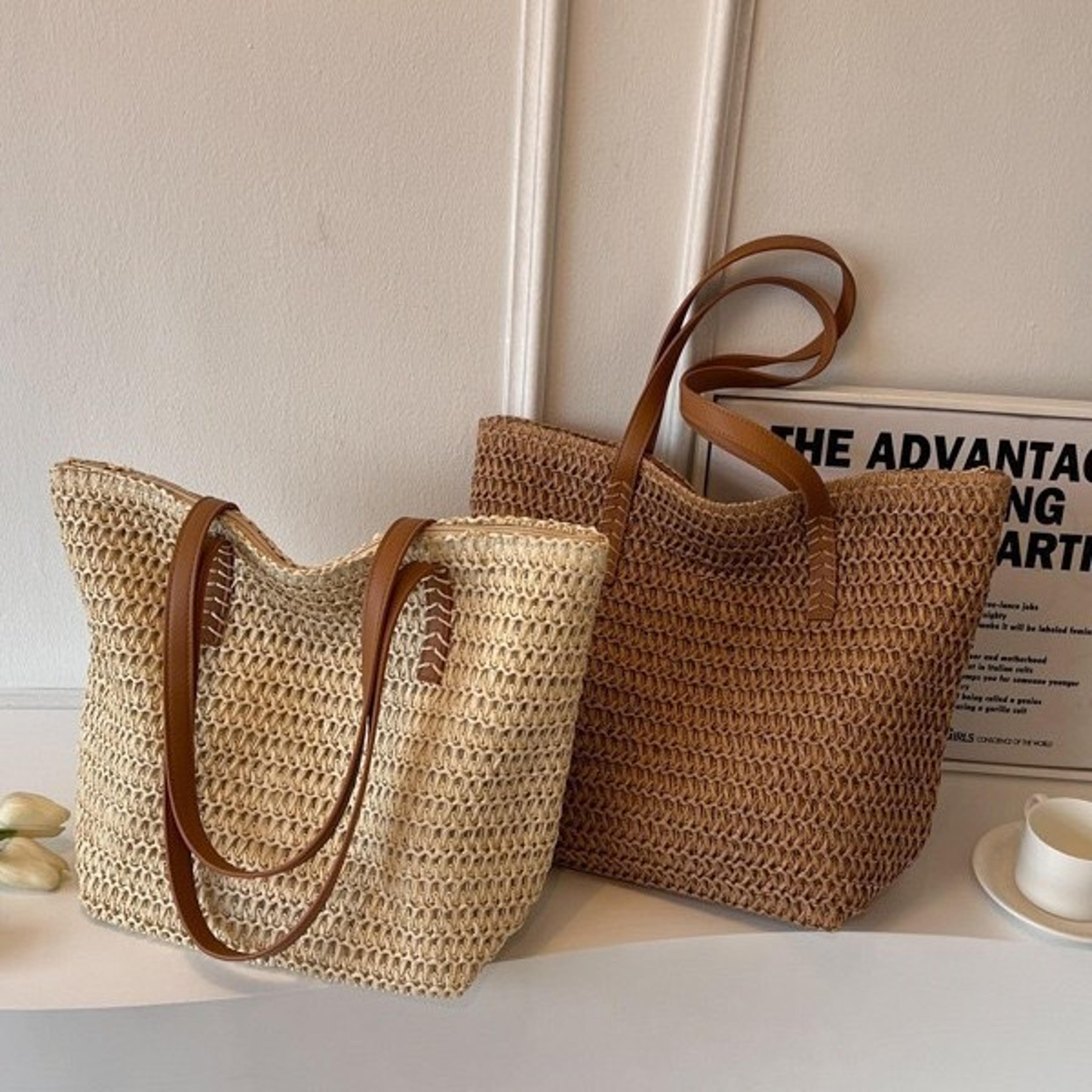 chic straw beach bag for summer vacations and woven tote bag styles