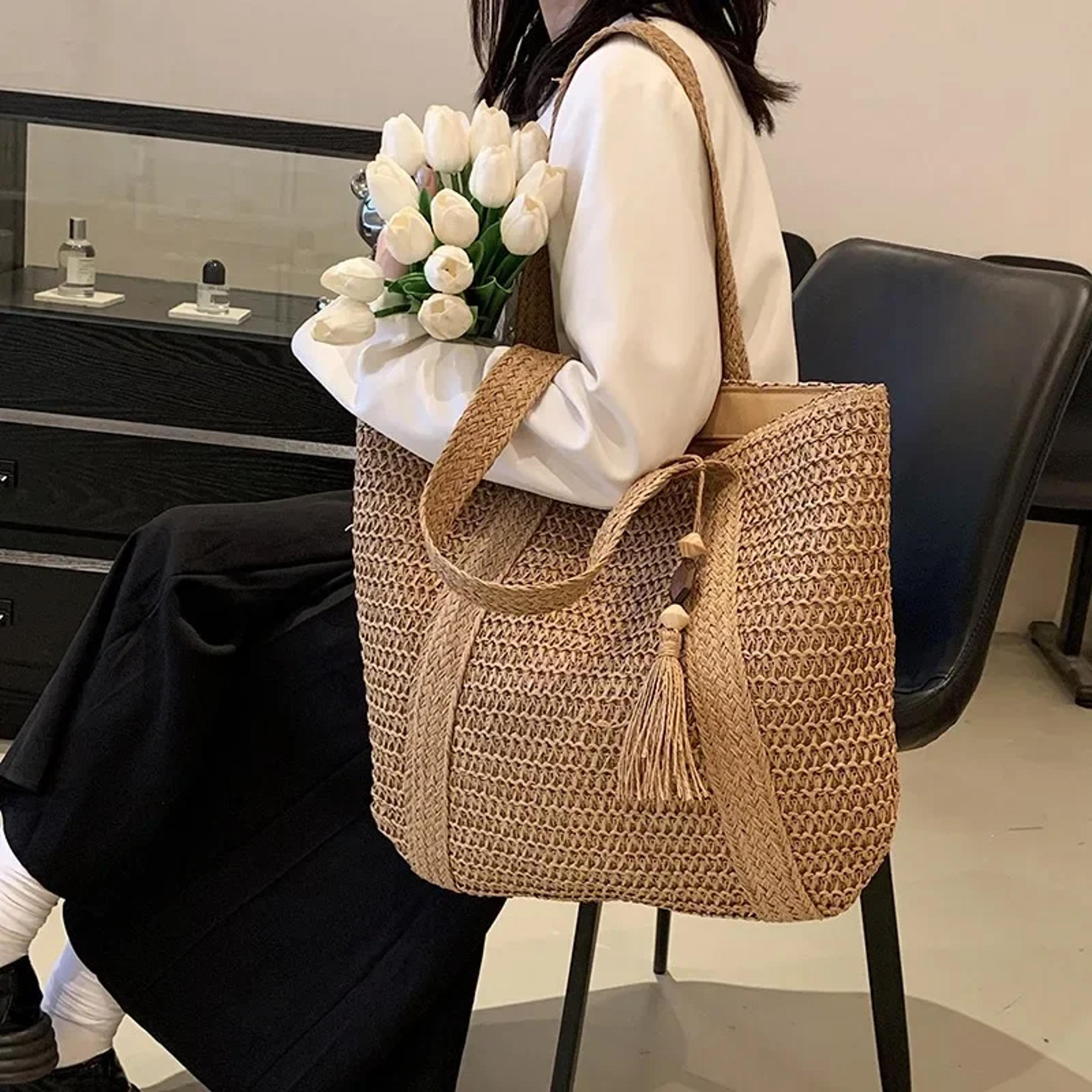 woven straw beach tote bag for summer getaways and casual everyday chic
