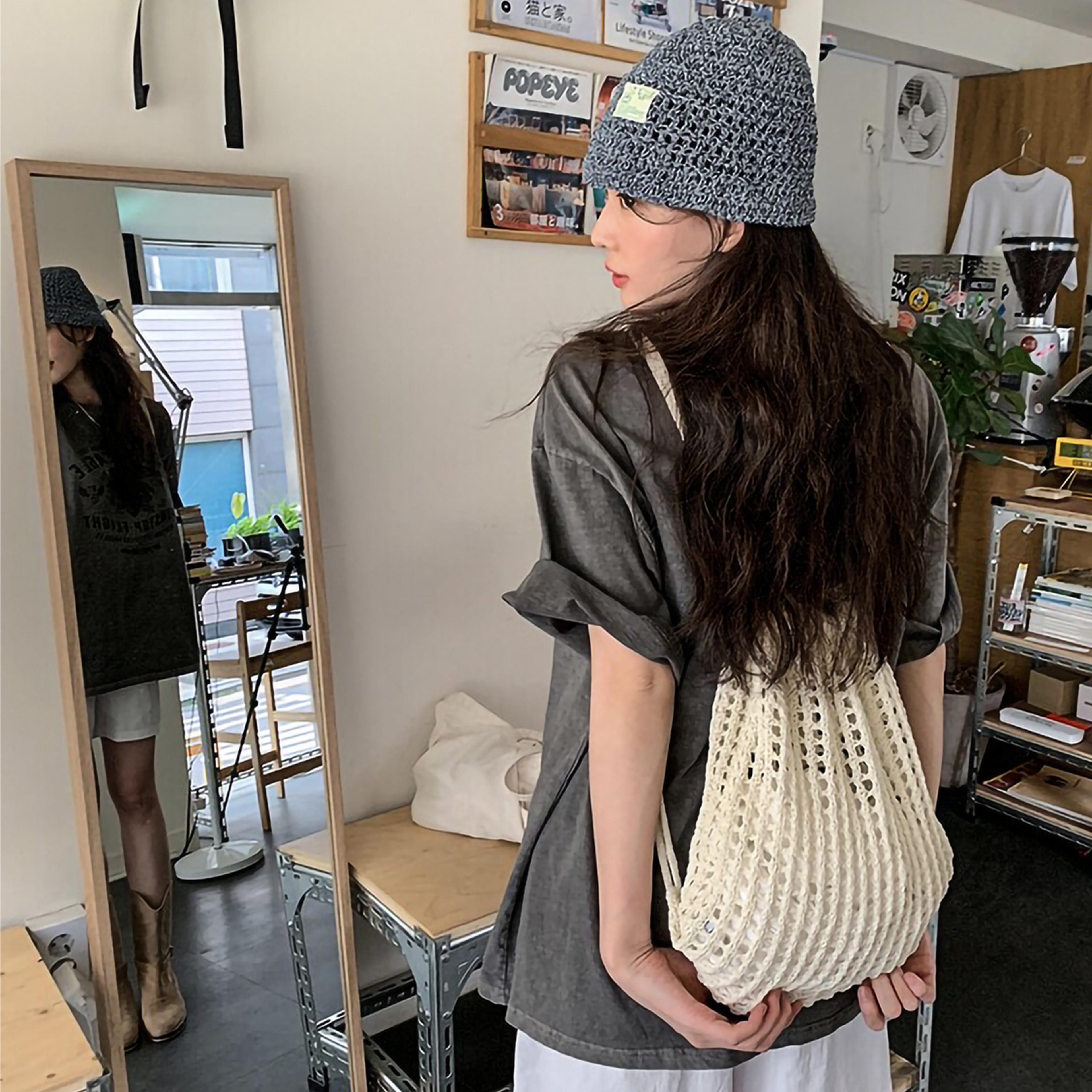 handmade knit backpack boho crochet beach bag drawstring travel backpack for women