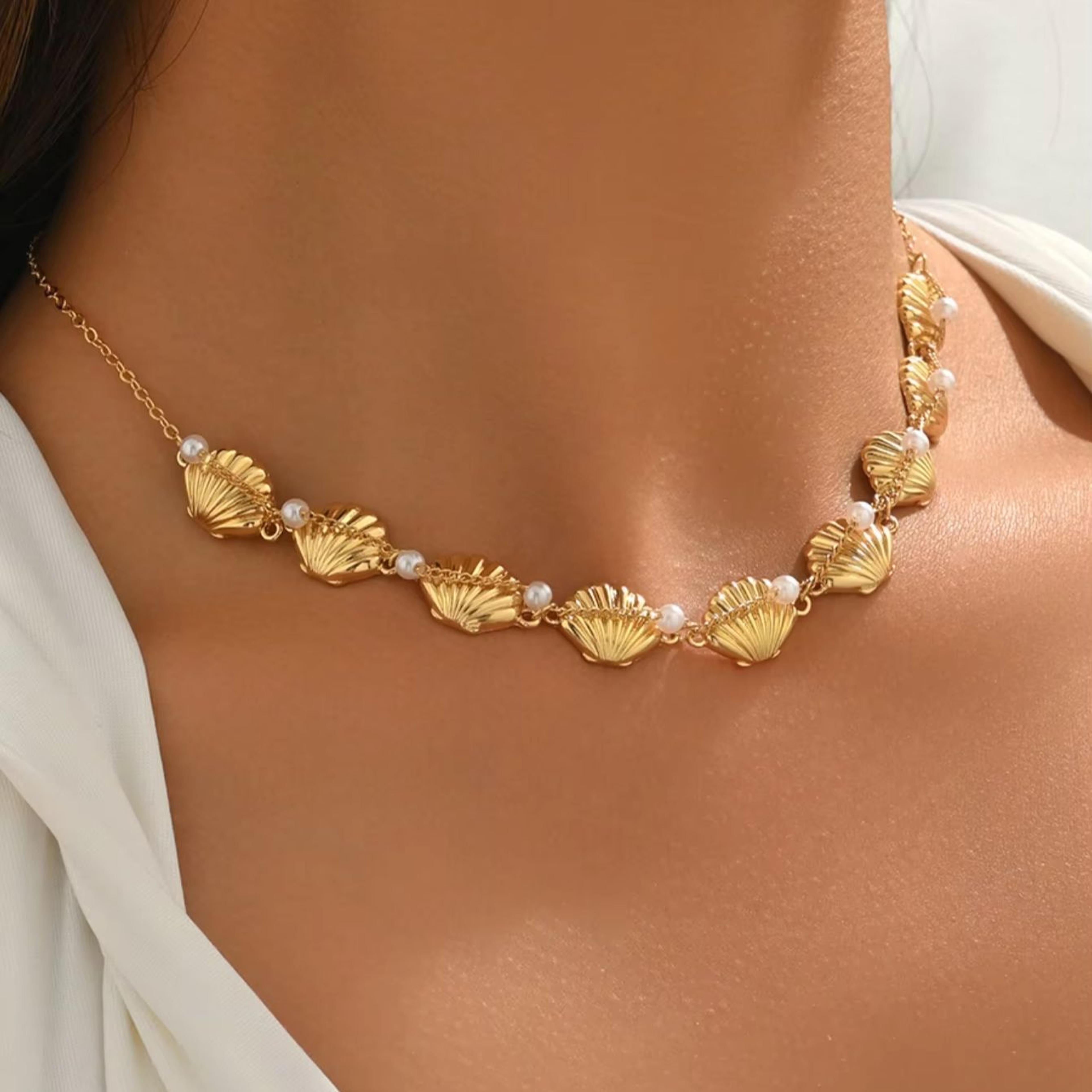 Golden Shell Choker Necklace With Pearls For Summer Beach 3