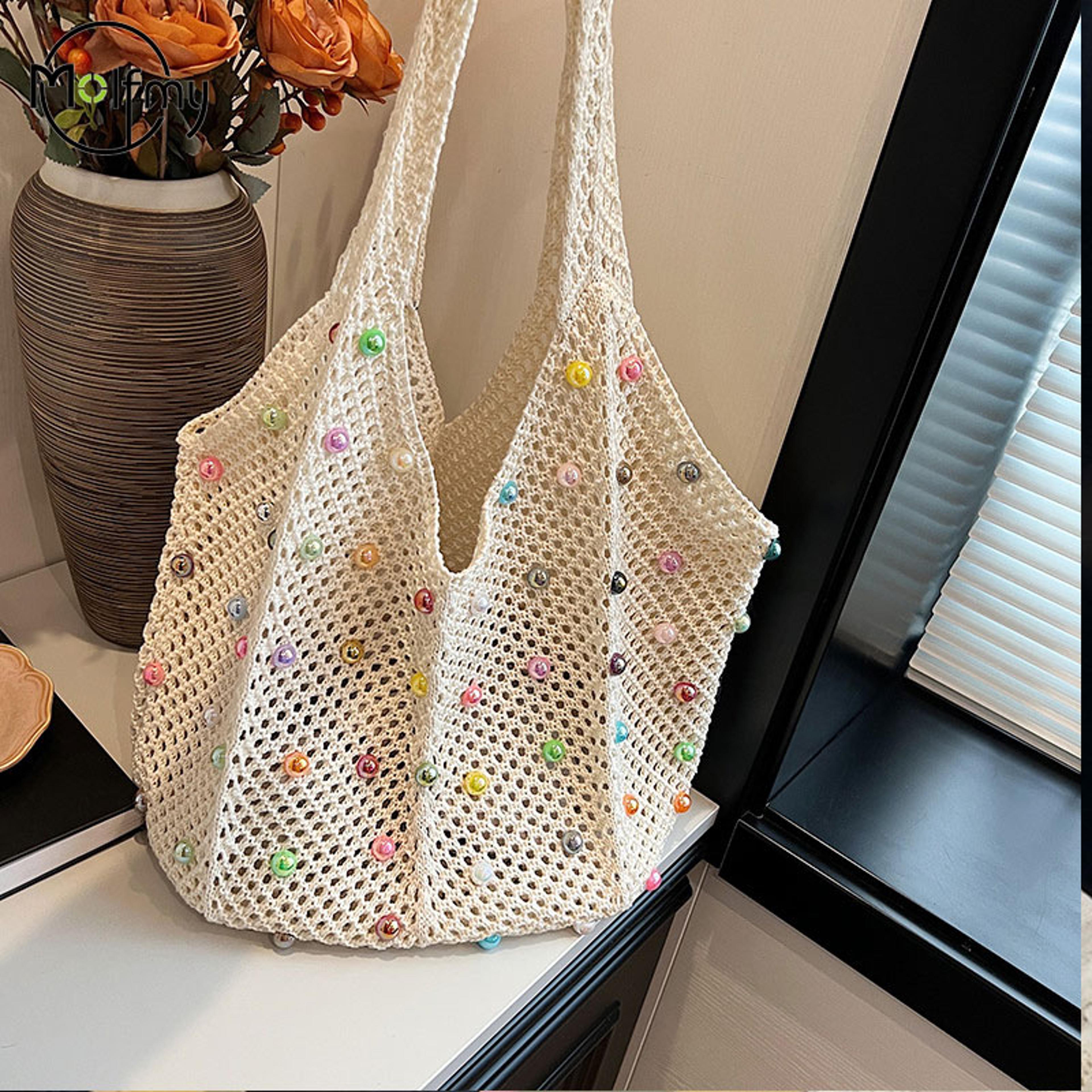 colored pearl knit beach handbag and casual woven shoulder tote