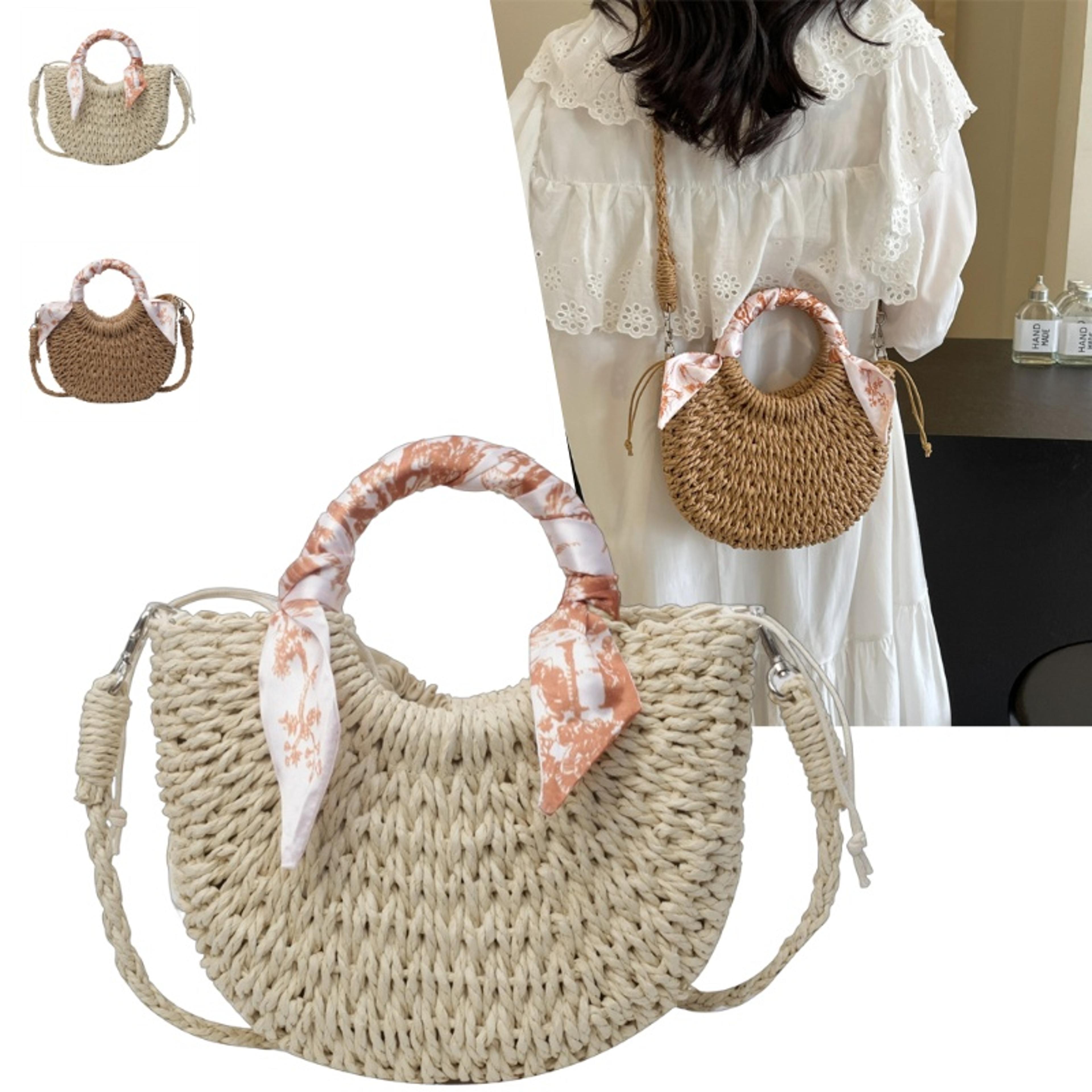 handmade rattan woven straw bag and summer beach bag with half-moon design