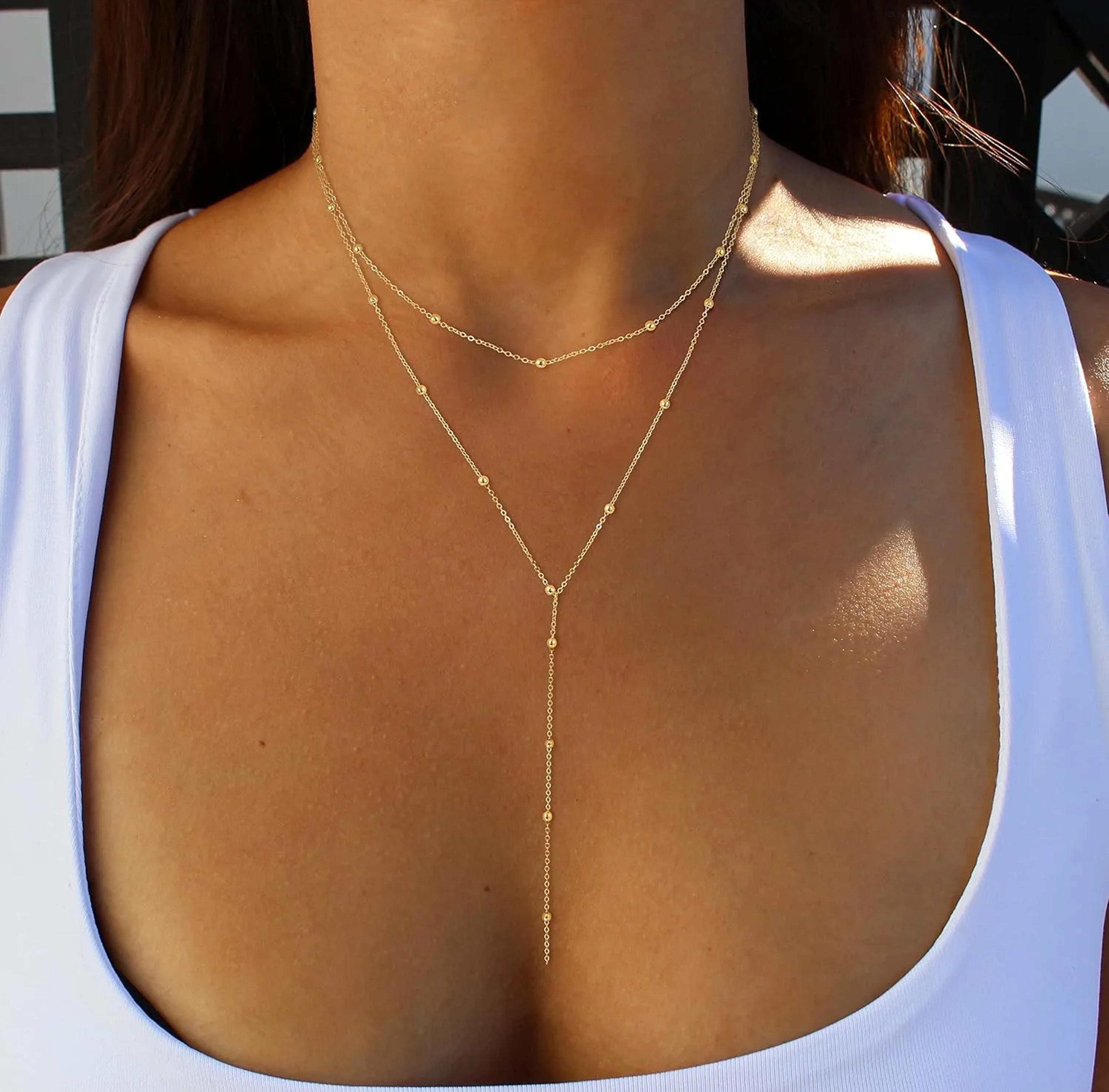 Gold YShaped Layered Beaded Pendant Necklace For Women 1