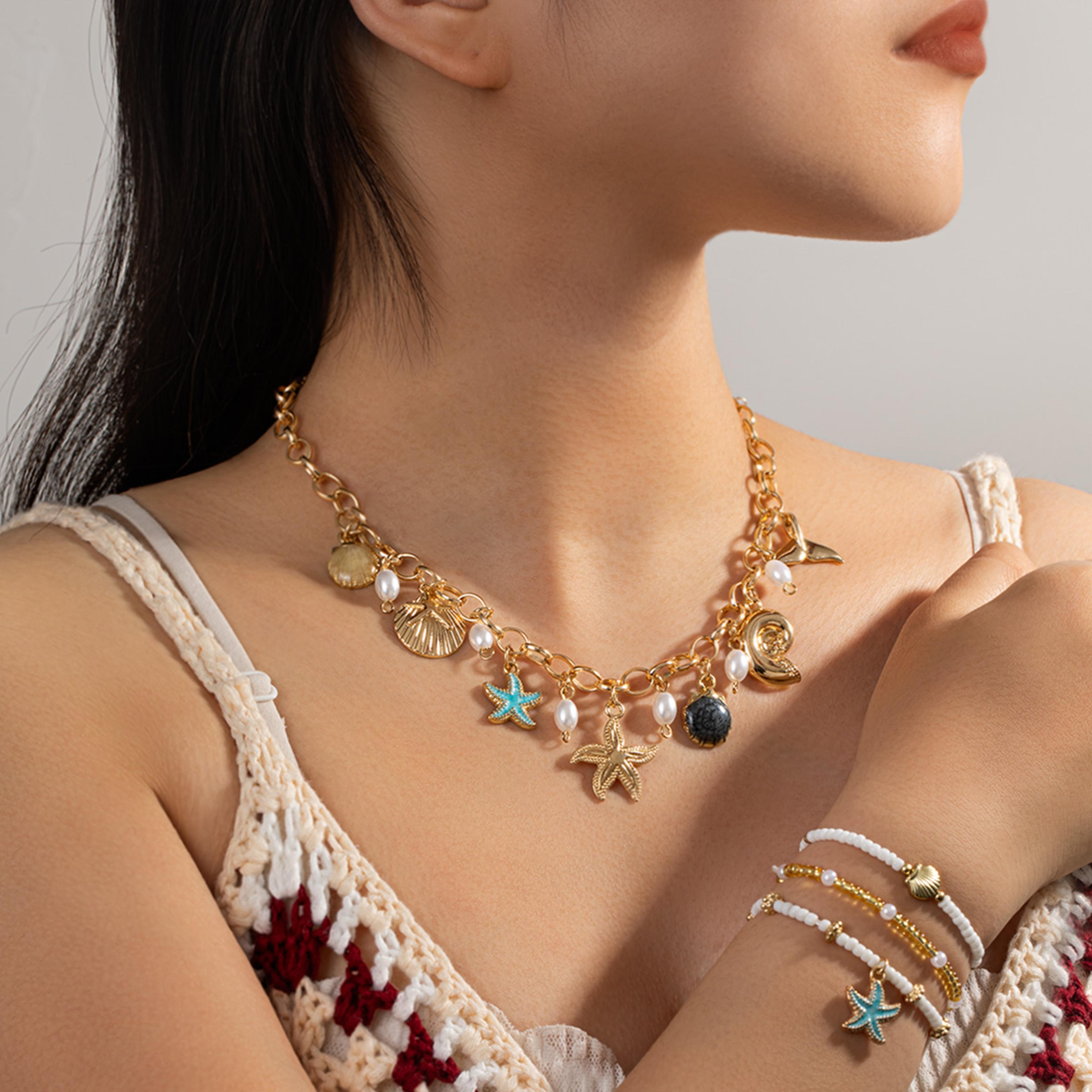 bohemian starfish shell pearl necklace and bracelet set