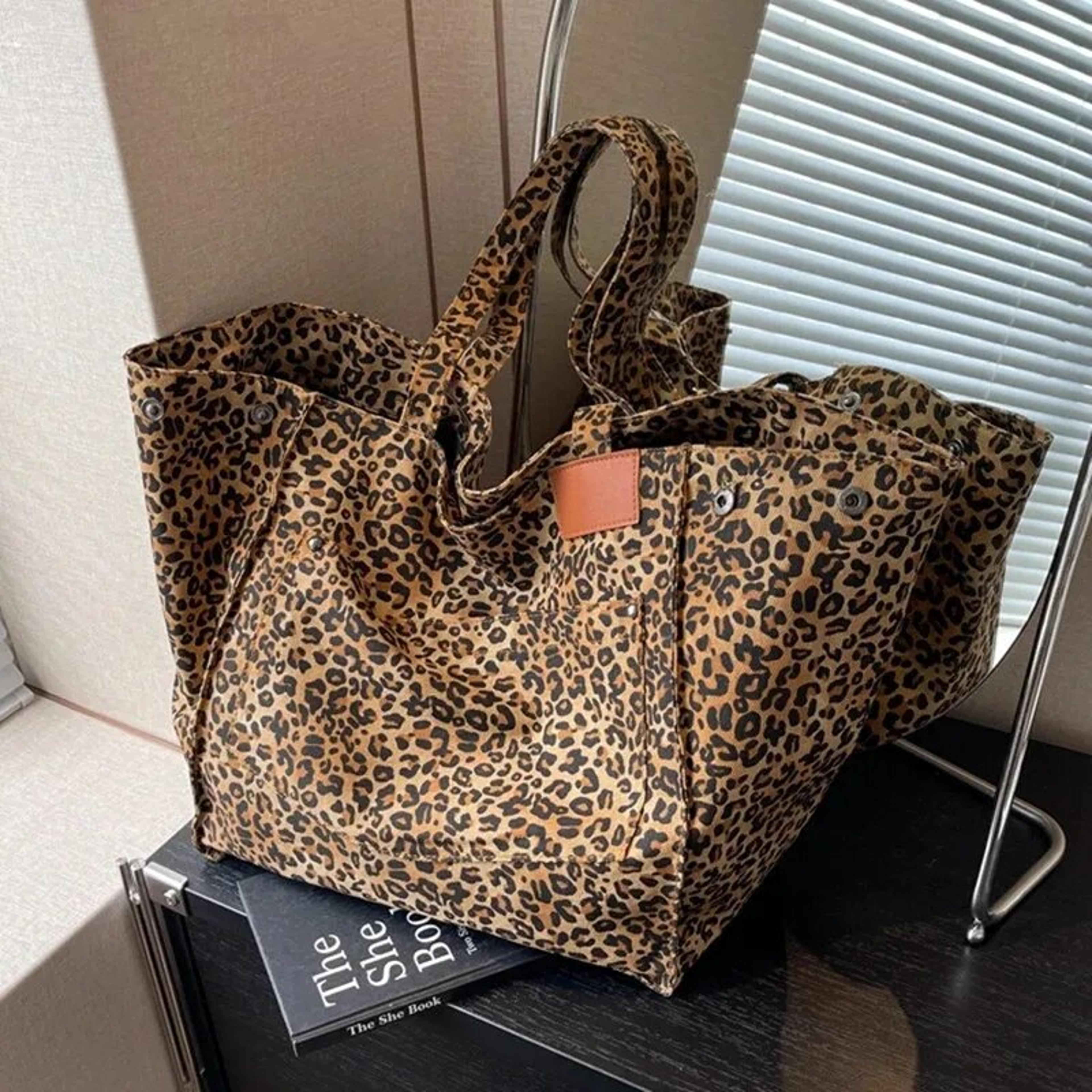 leopard canvas tote bag vintage large shoulder handbag