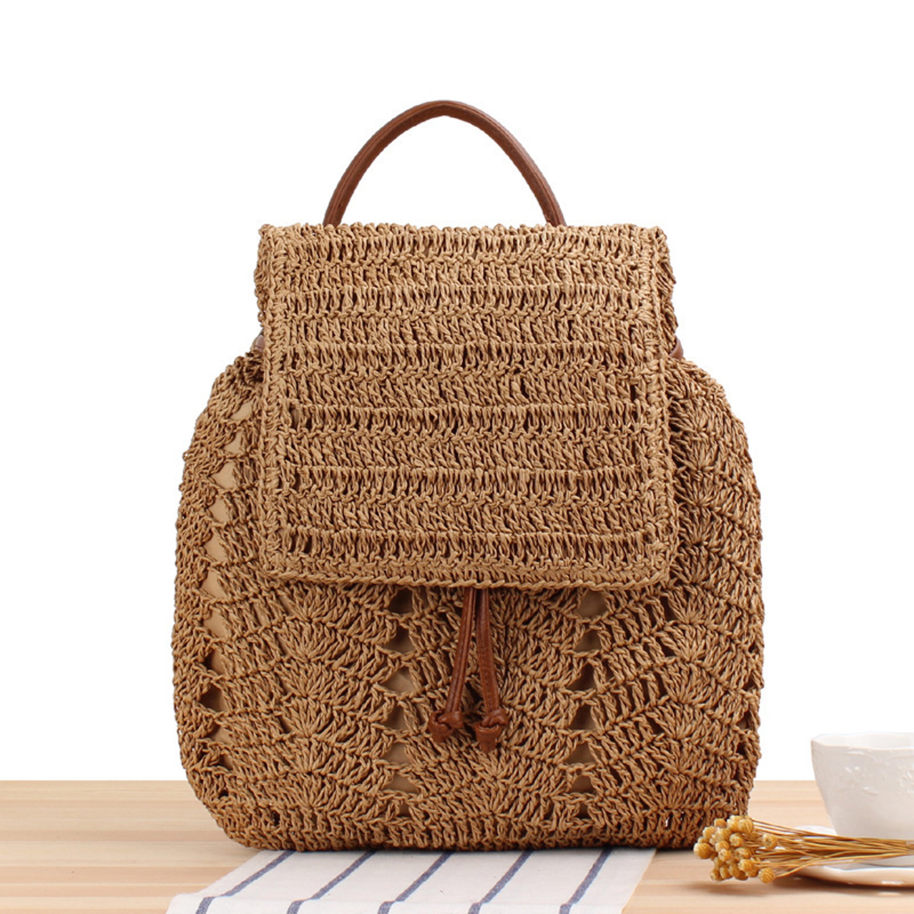 Handmade Woven Straw Beach Backpack  Casual Travel Daypack 6