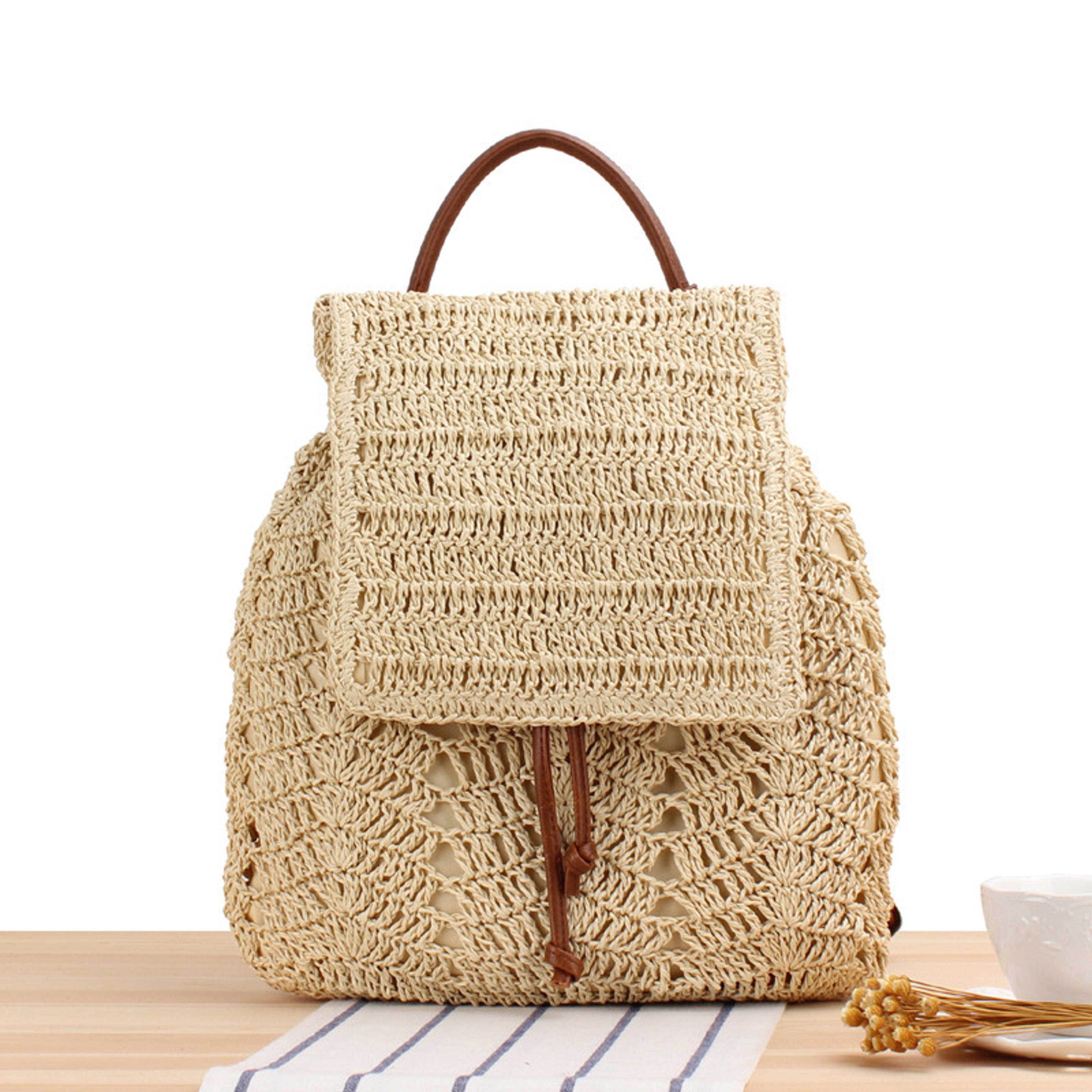 Handmade Woven Straw Beach Backpack  Casual Travel Daypack 7