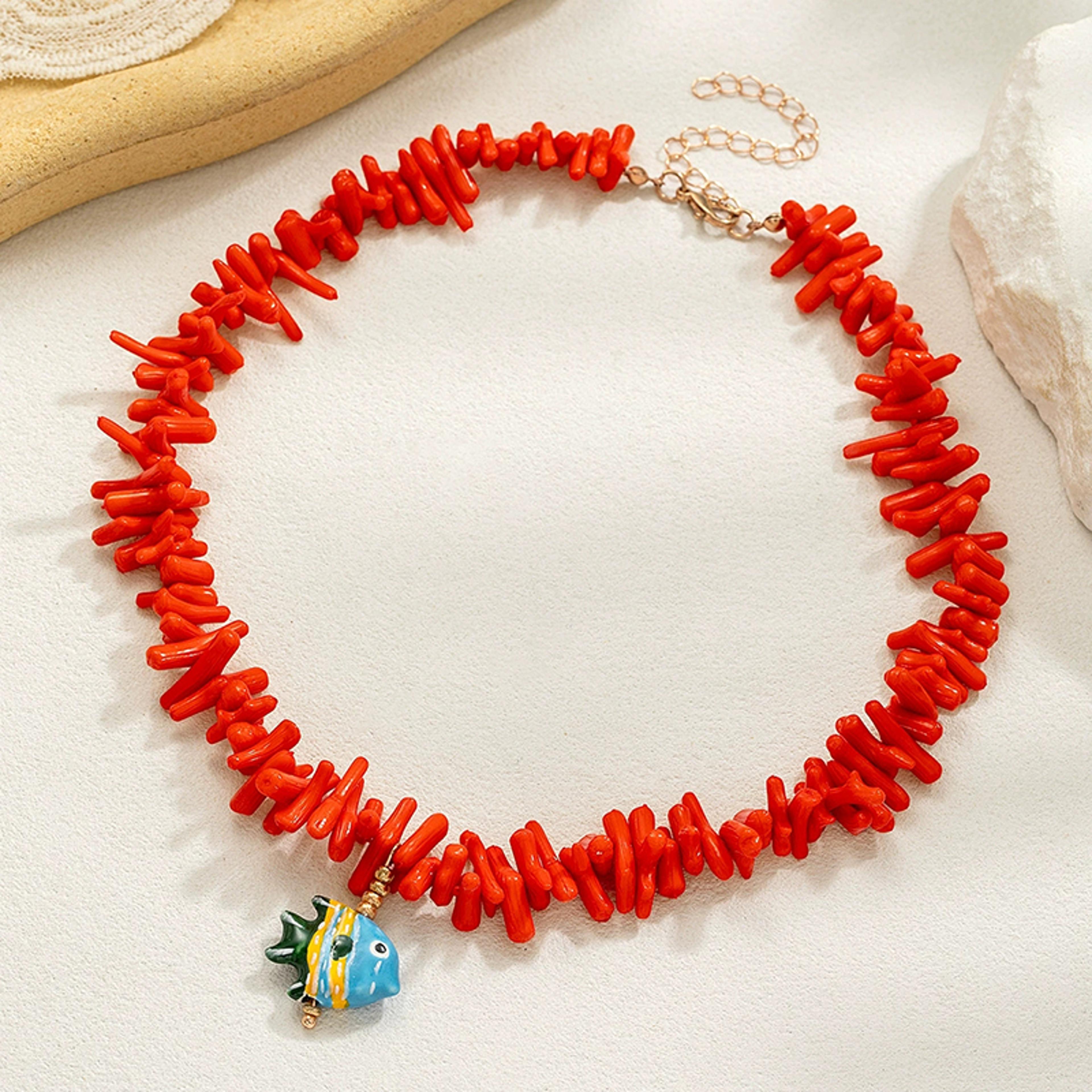 Handmade Coral Bead Necklace With Ceramic Fish Pendant And Adjustable Collarbone Chain 3