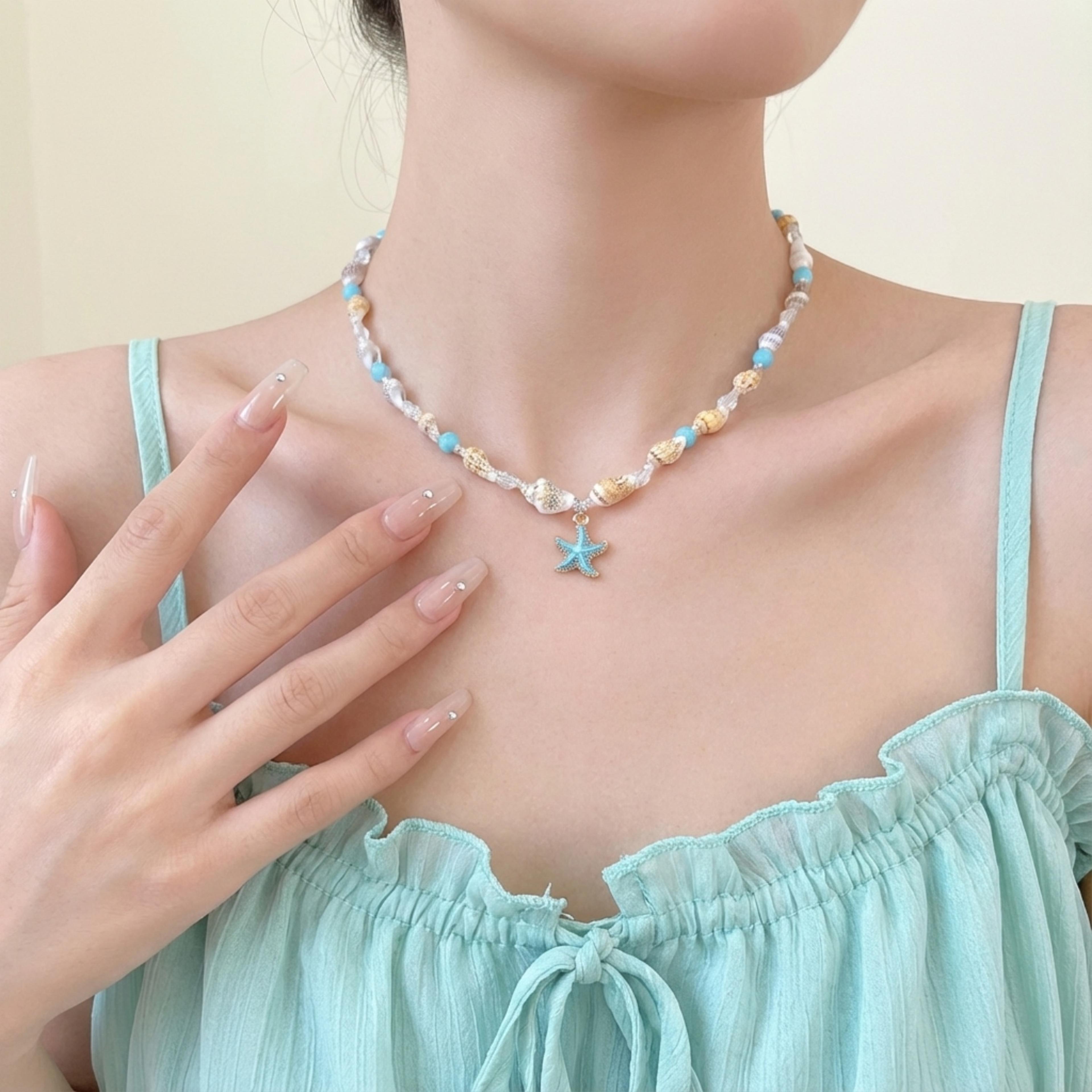 Vintage Starfish Conch Necklace Turquoise Beaded Choker 1