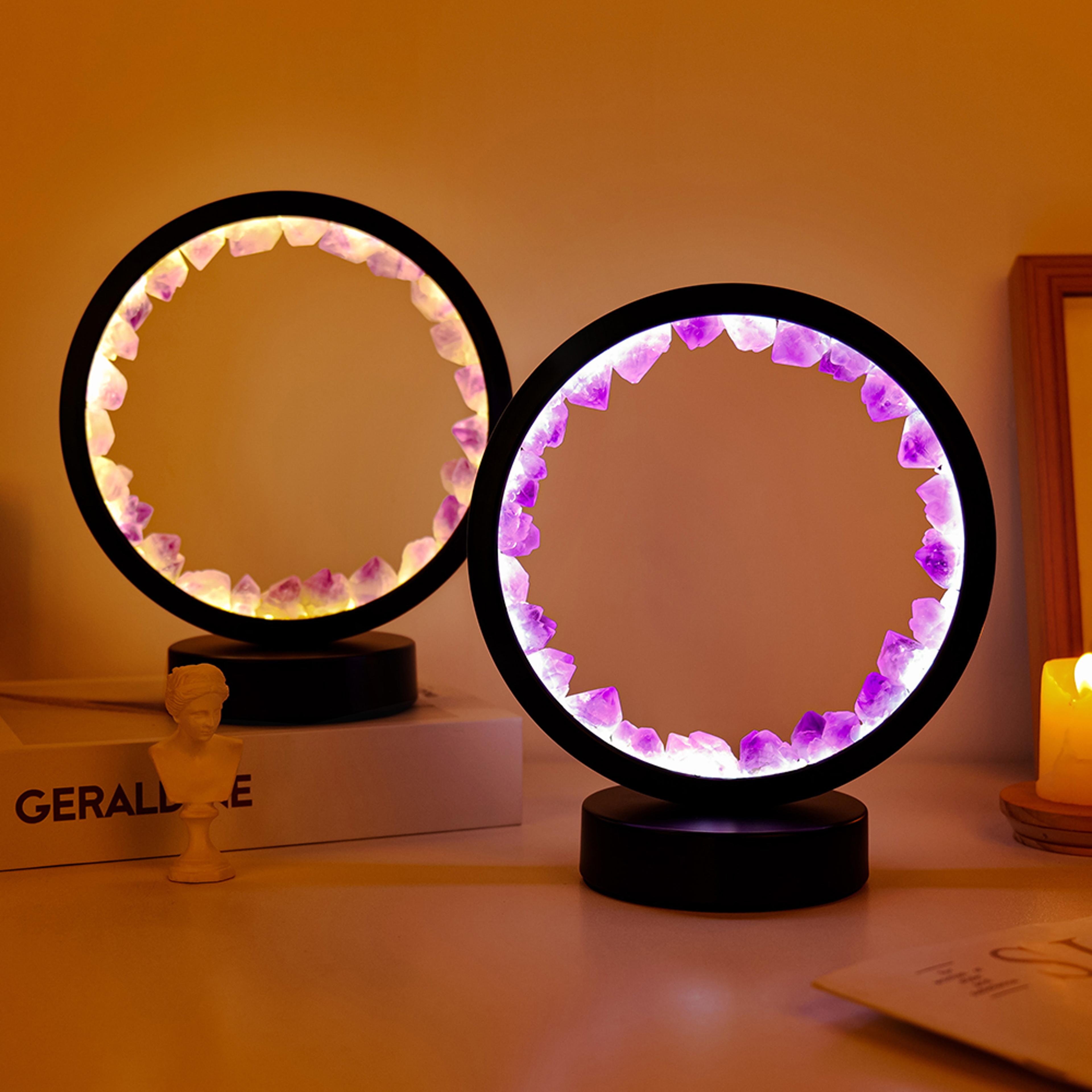led crystal lamp room, natural gemstone decoration, amethyst healing stone, home decoration round lamp electric fan