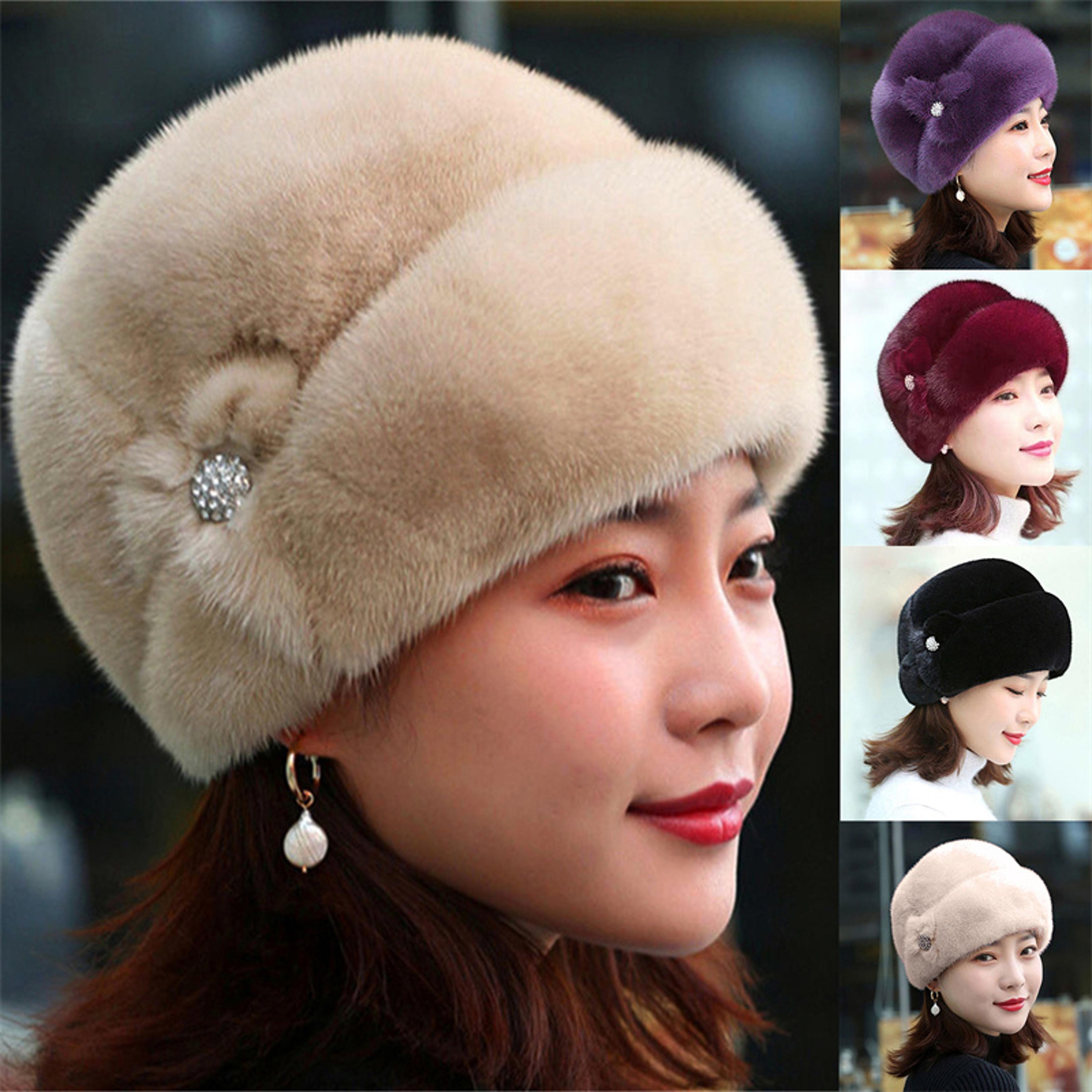 thickened warm solid color women winter hat, russian flower decor, elegant autumn winter thermal cap for outdoor