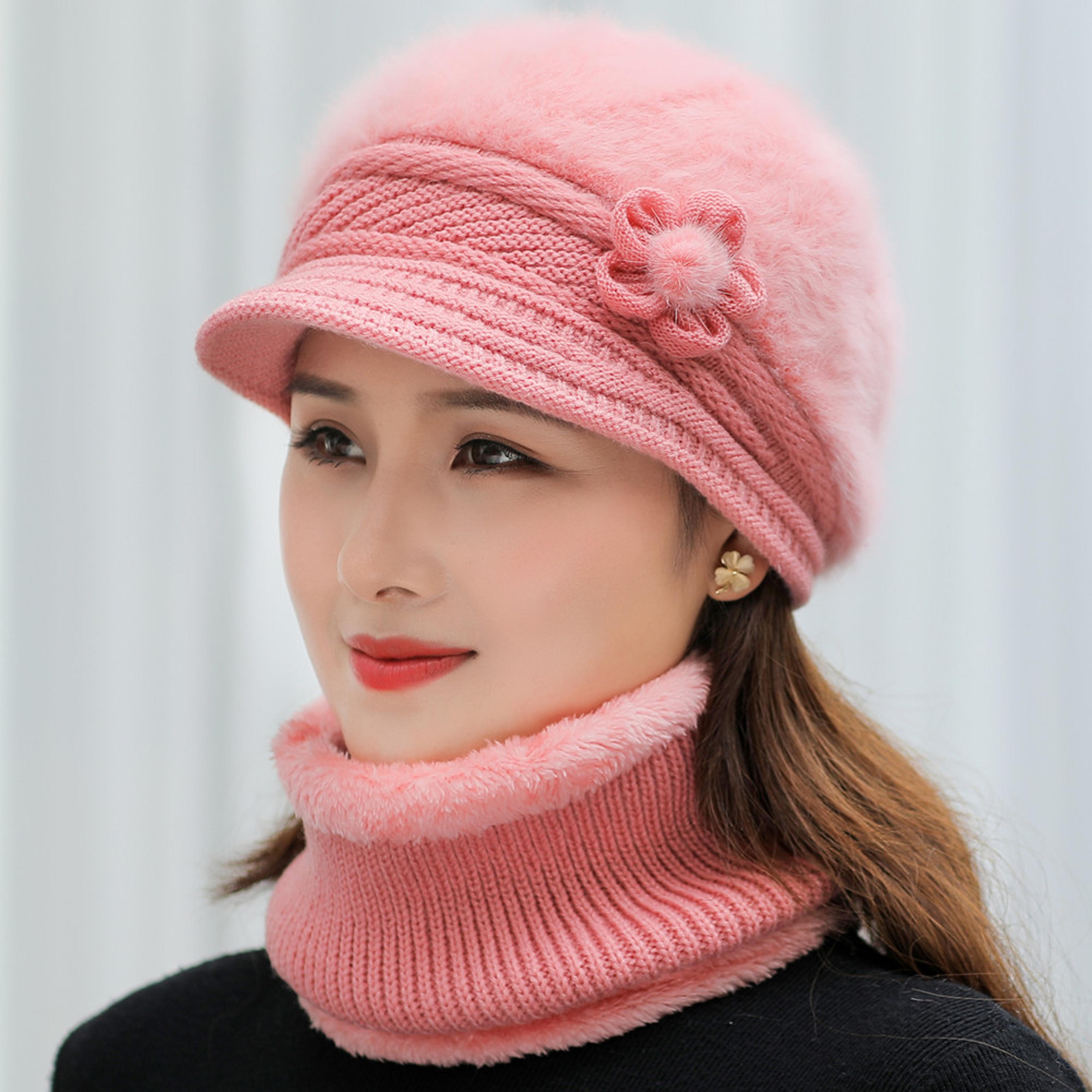 Plush Fur Lined Hat  Scarf Warm Set Hot Sale Women Winter Hat Keep Warm Cap 3