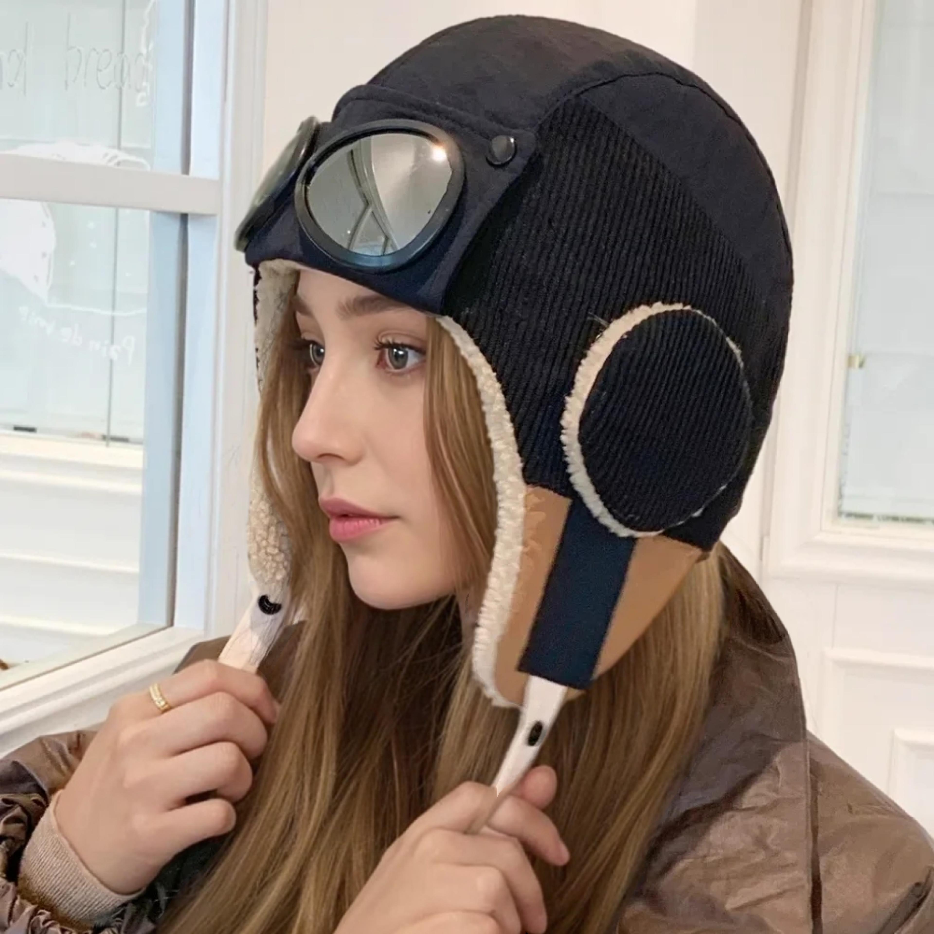 winter hat for women, warm bomber cap with earflap, plush fur dandy hat with goggles.