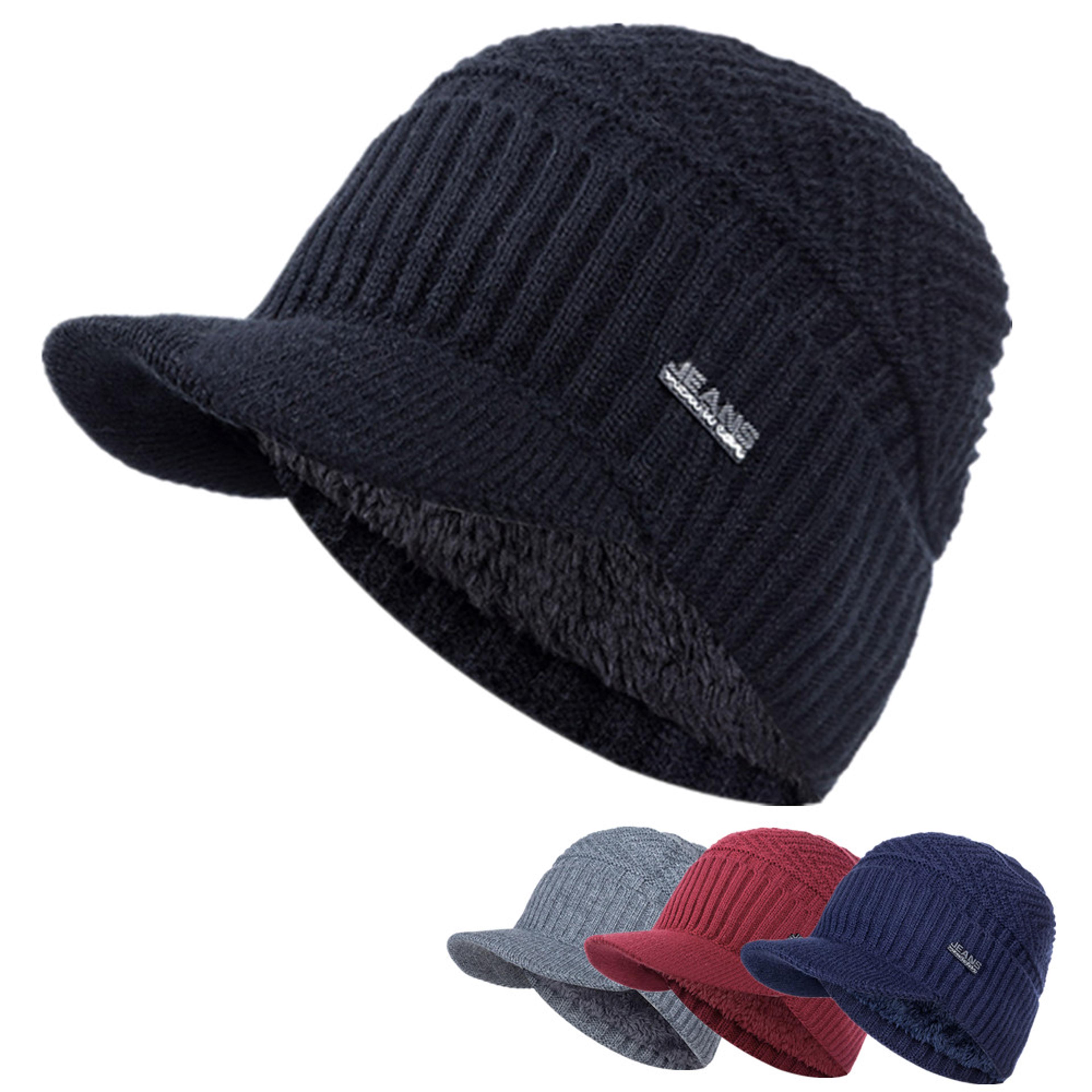 stylish add fur lined beanie cap, thick knitted unisex warm winter hat with brim for men and women