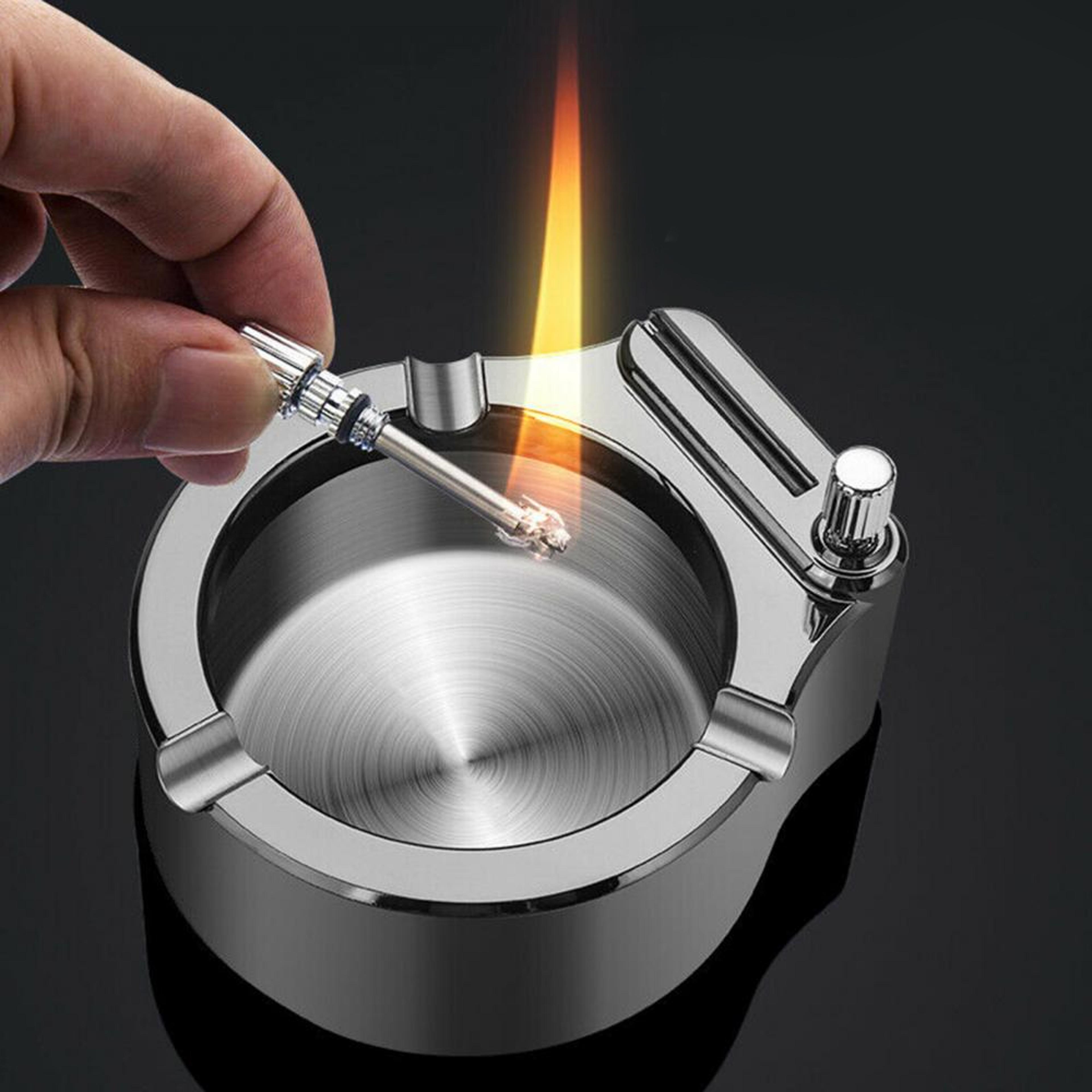 retro metal ashtray with built-in lighter – stainless steel & aluminum cigar holder, gift ideas for smokers