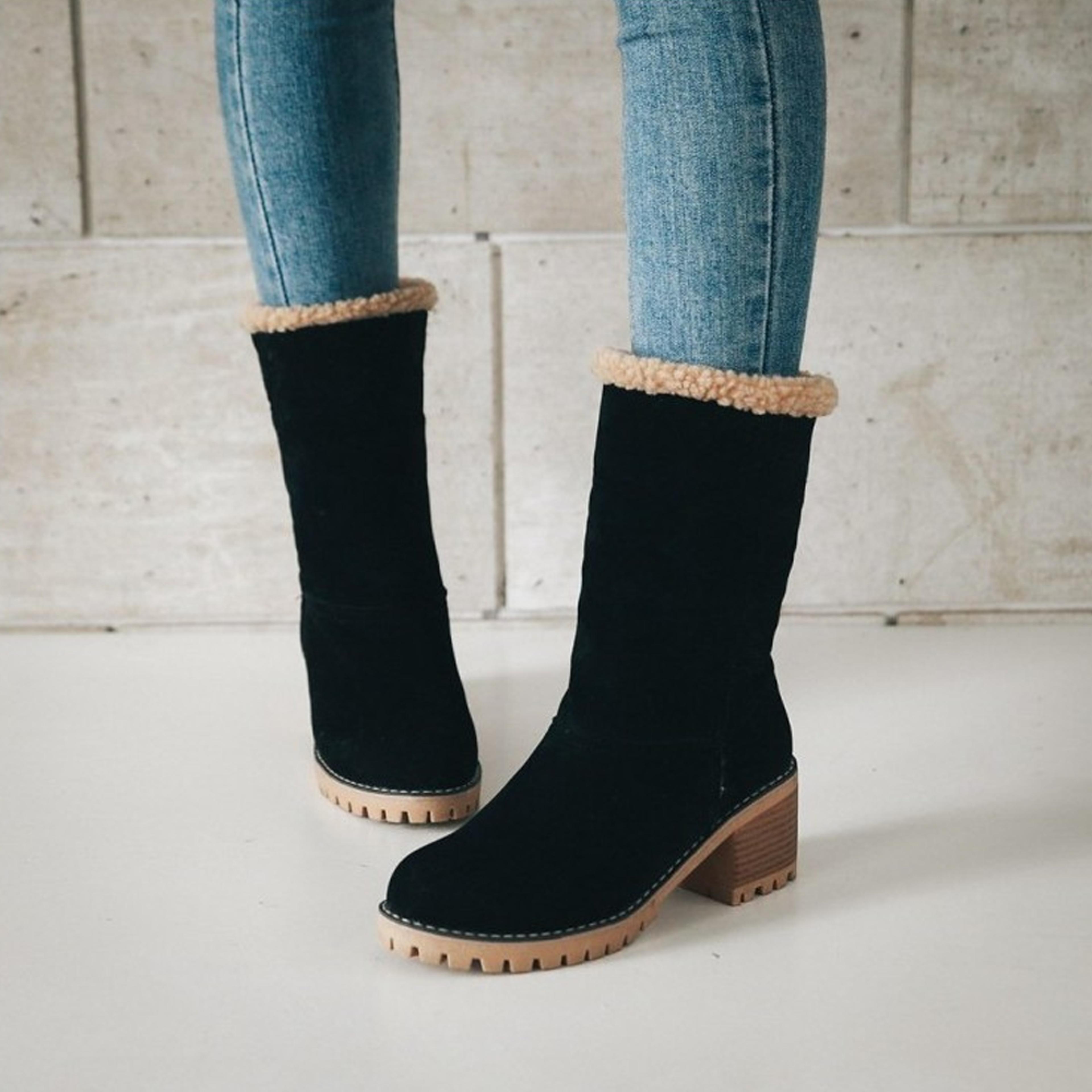 Women's Classy Block Heel Snow Boots Black