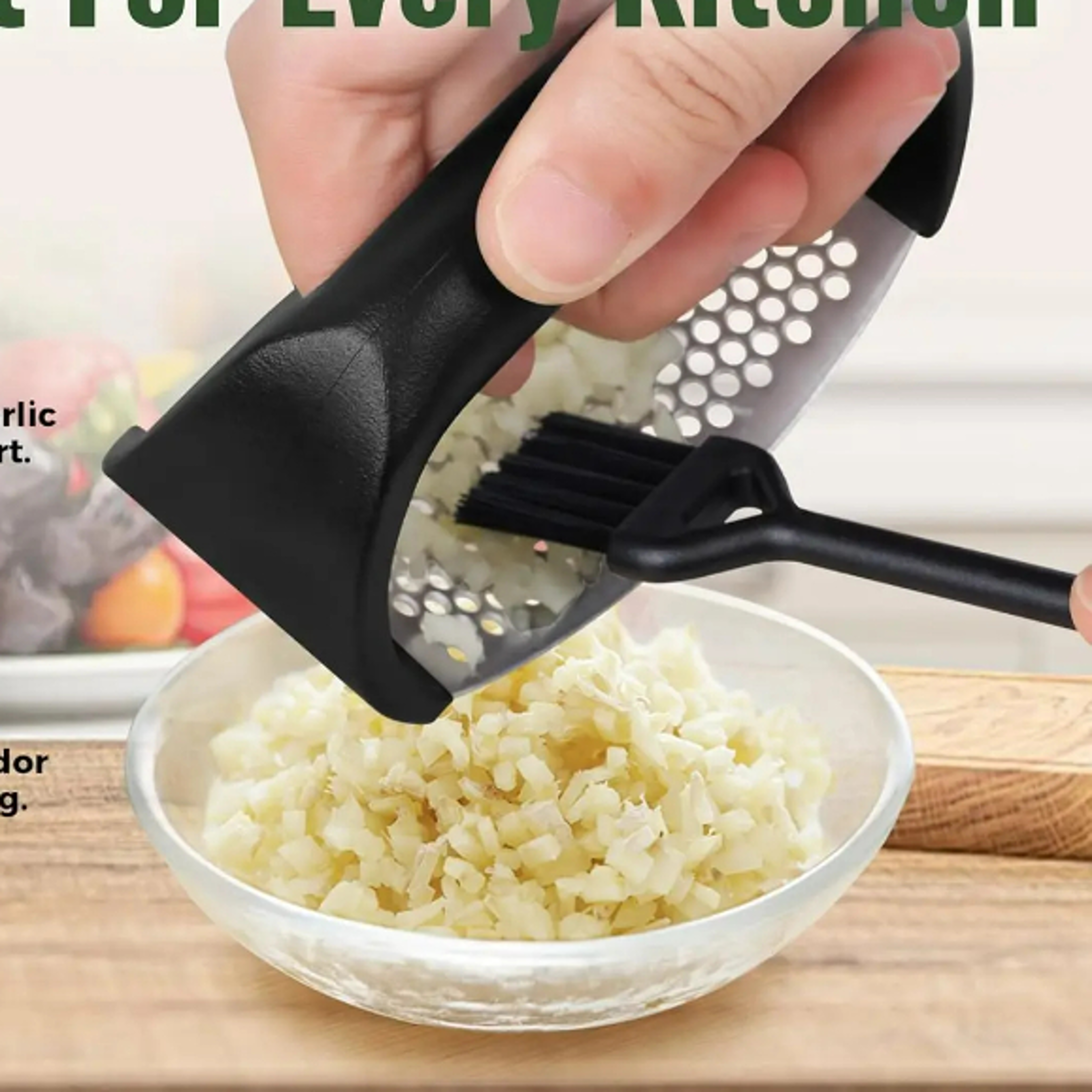 Stainless Steel Garlic Press Rocker Easy Squeeze Mincer with Peeler  Cleaning Brush