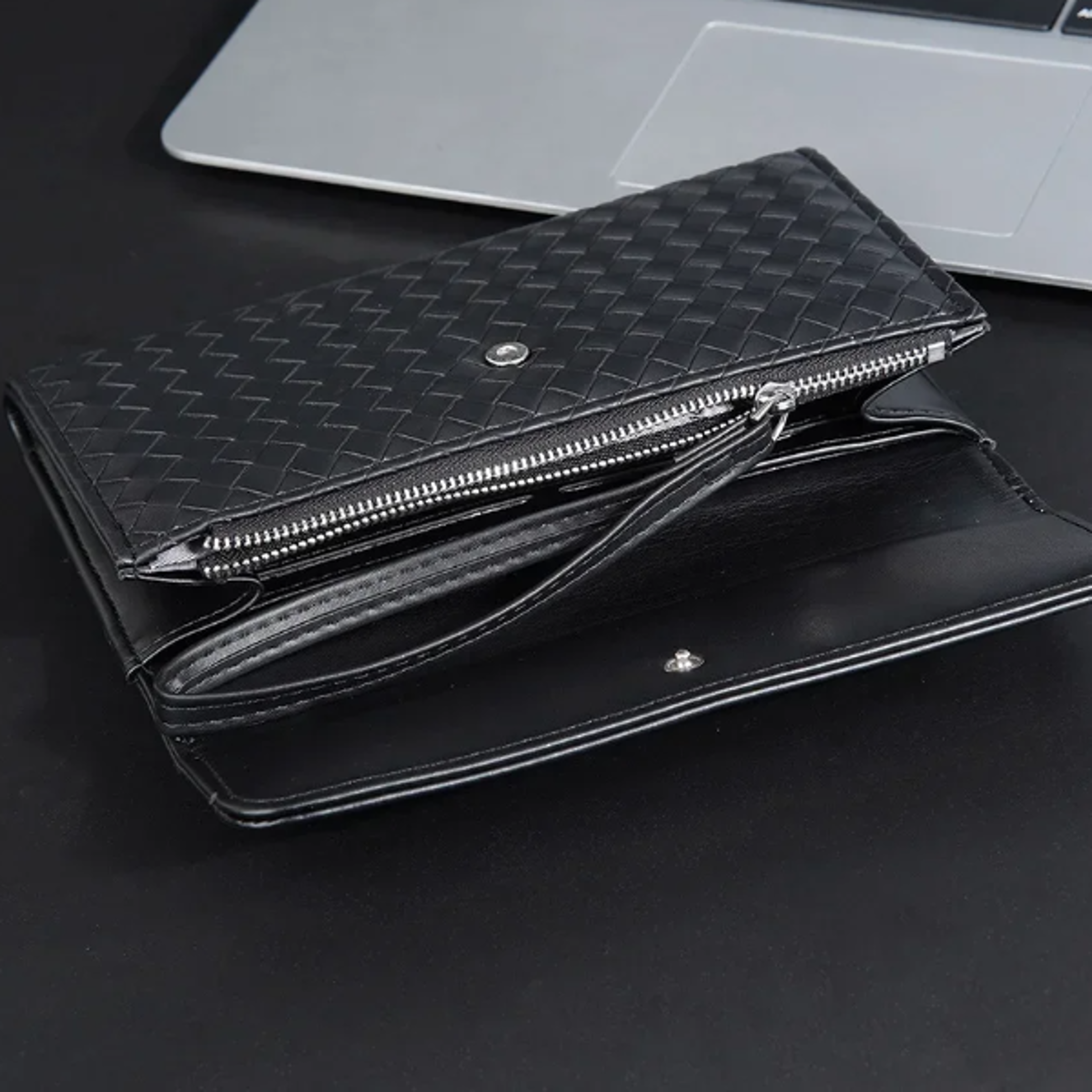 Premium Mens Leather Wallet European American Woven Pattern Multi Card Zipper Clutch