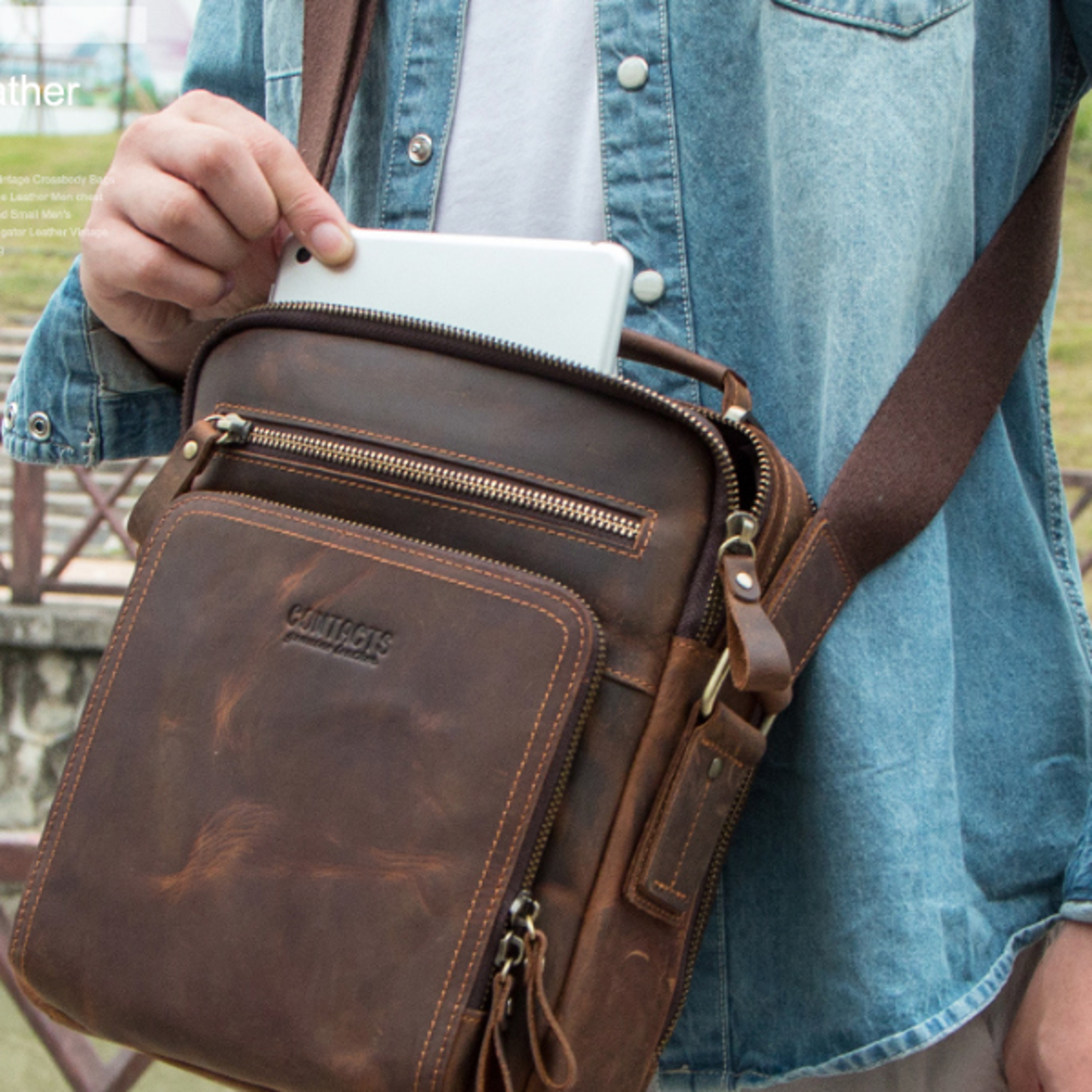 Vintage Crazy Horse Leather Mens Crossbody Shoulder Bag