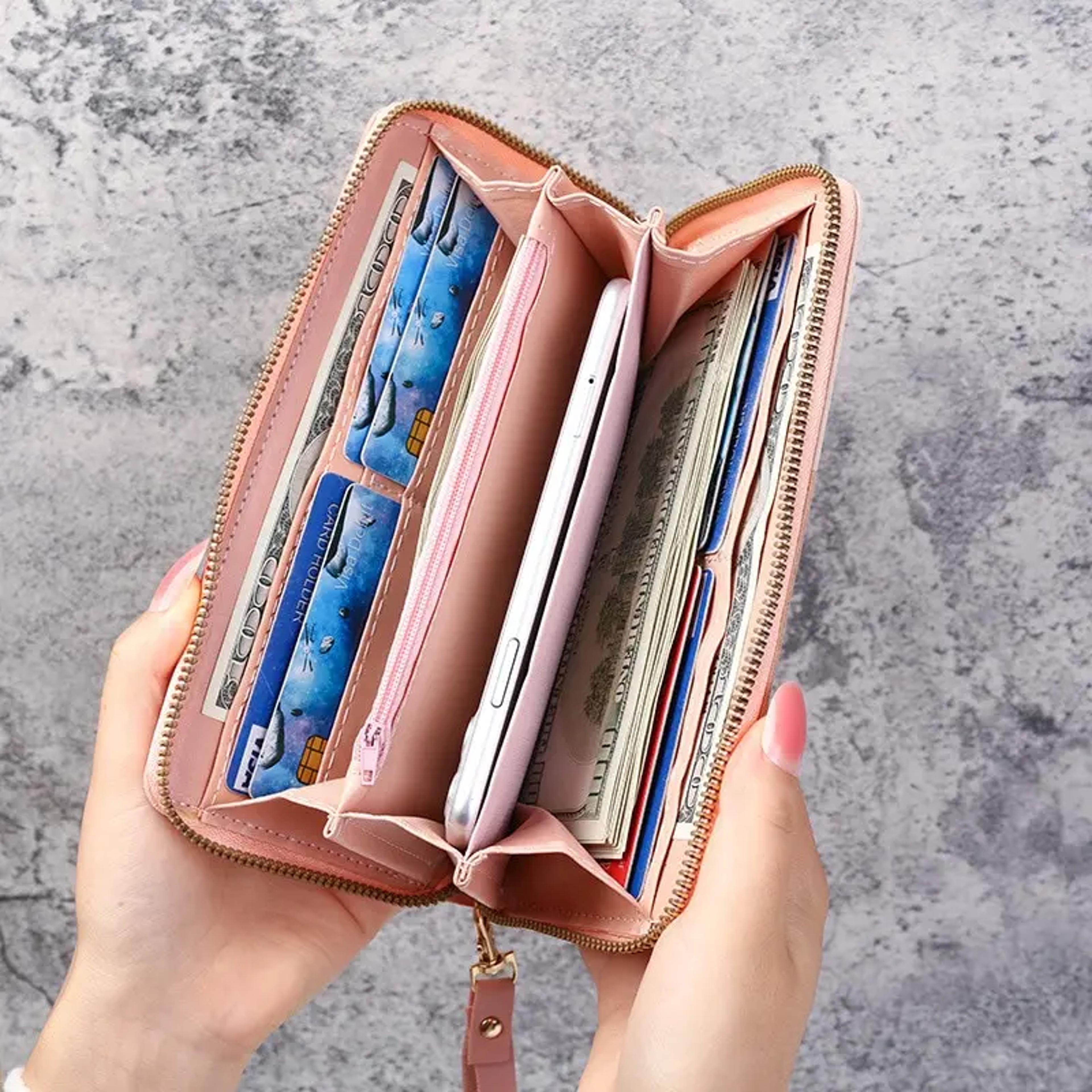 elegant womens long wallet zipper leather card holder with large capacity