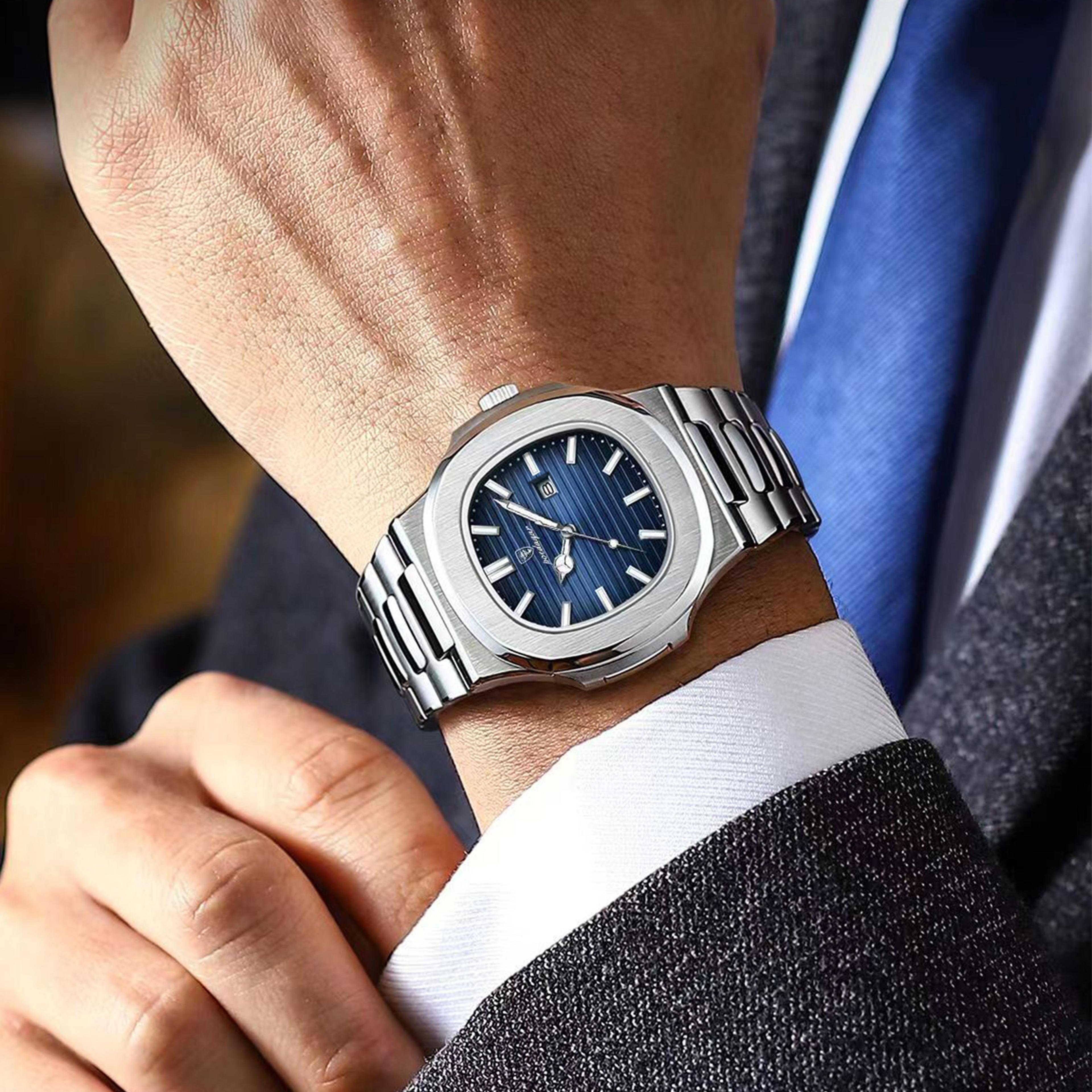 square luxury mens wristwatch waterproof luminous stainless steel quartz watch for business & sports