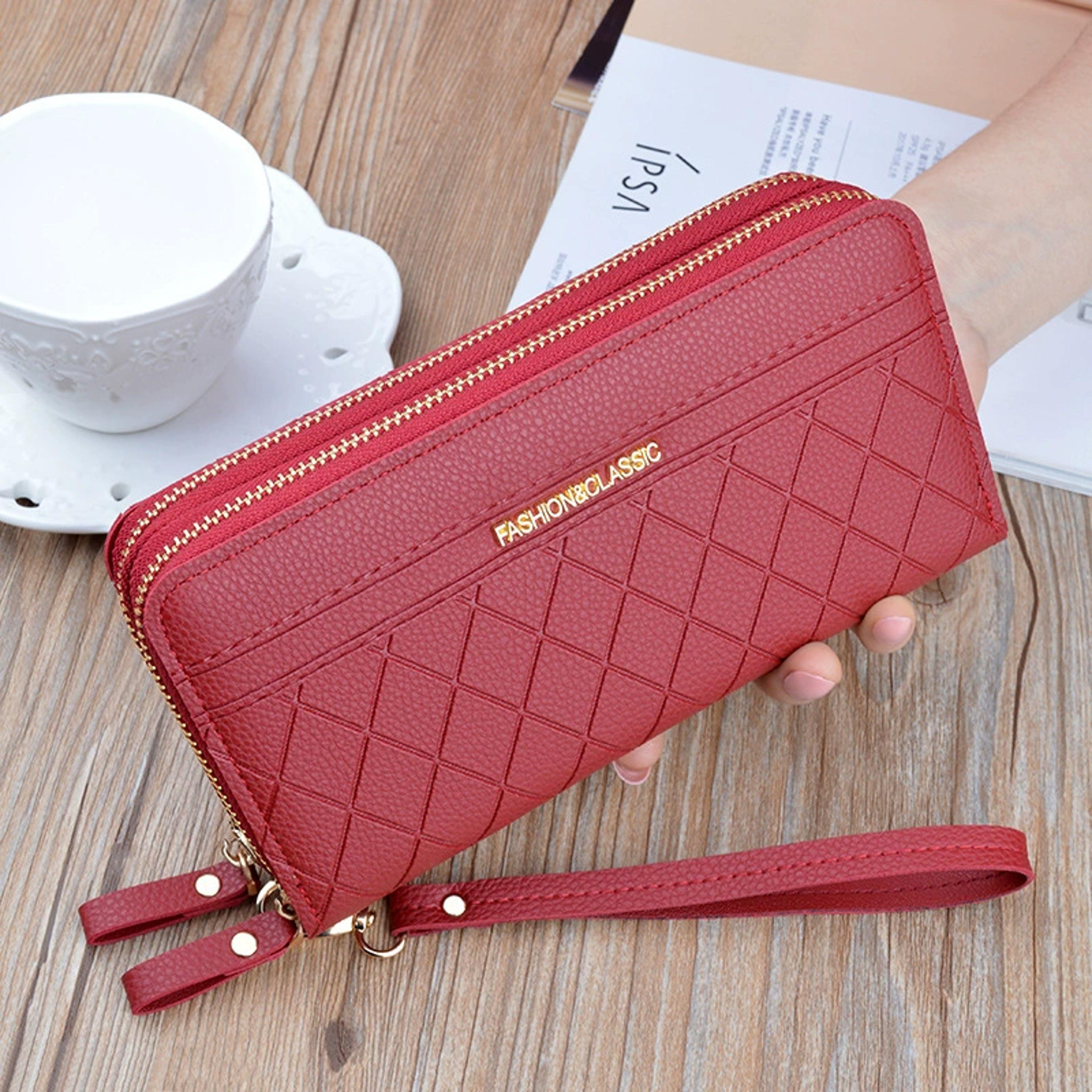 Womens PU Leather Double Zipper Wallet Clutch Large Capacity Wristlet Phone Purse  Card Holder With 1