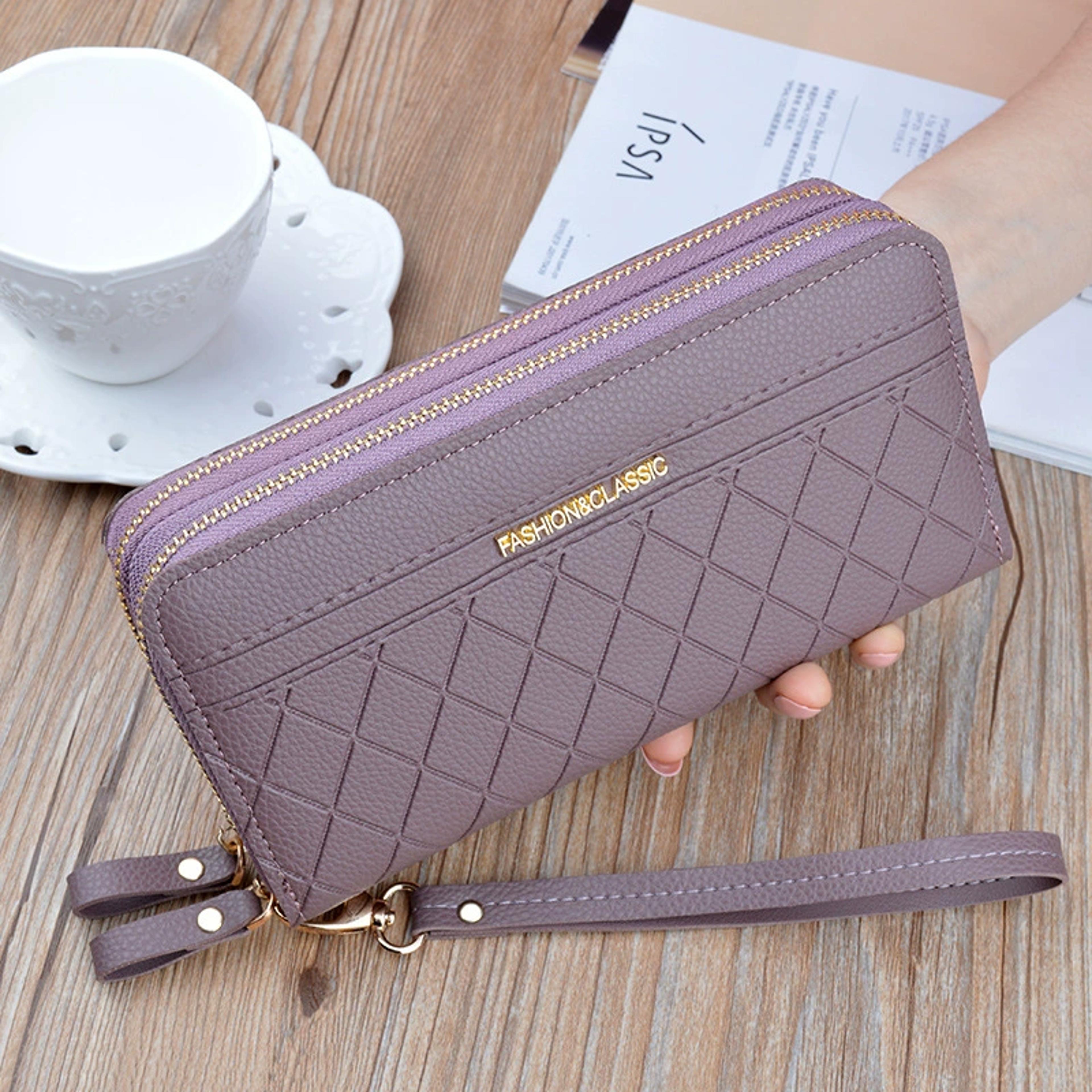 Womens PU Leather Double Zipper Wallet Clutch Large Capacity Wristlet Phone Purse  Card Holder With 2